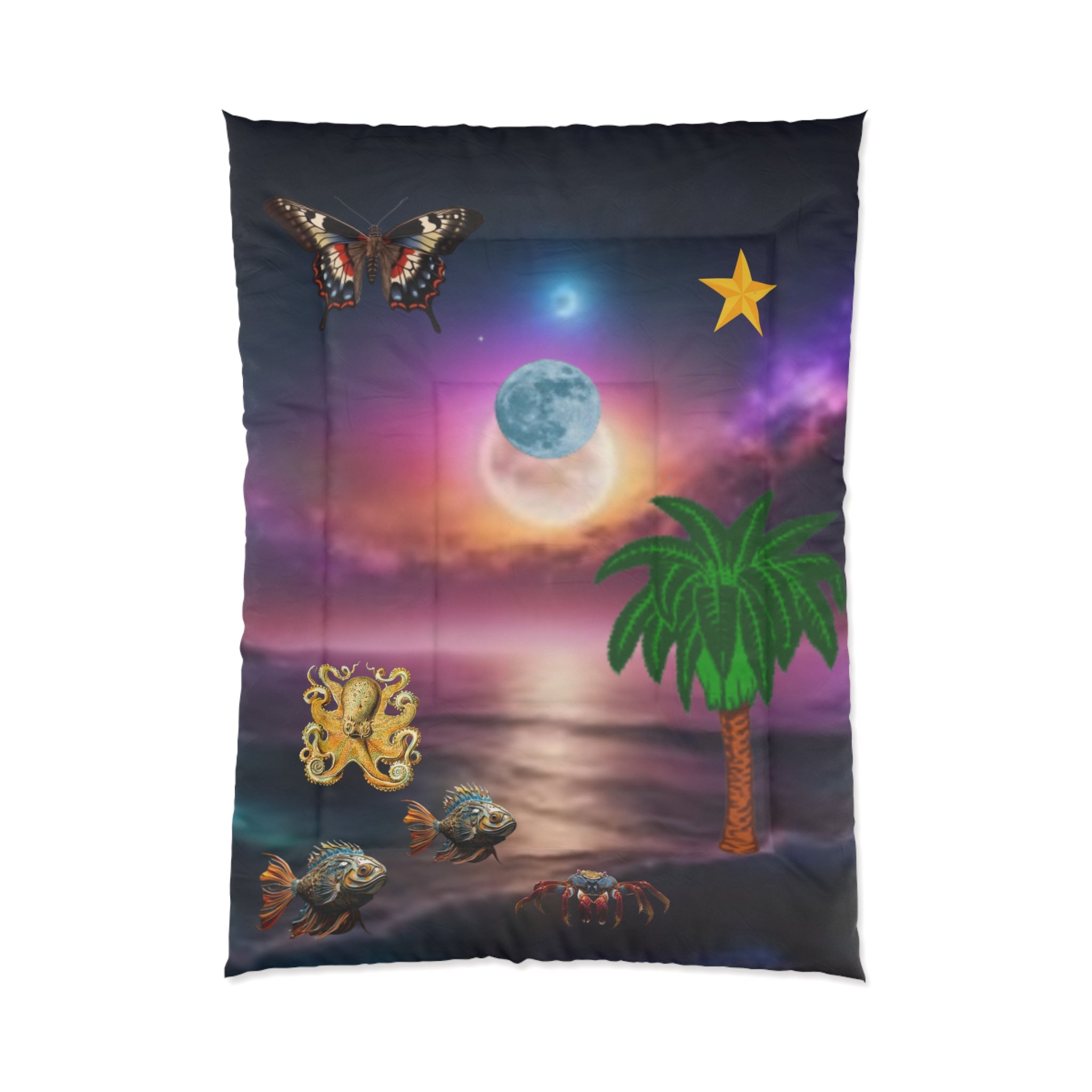 Tropical Moonlit Comforter - Surreal Beach Scene with Palm, Moon & Sea Creatures