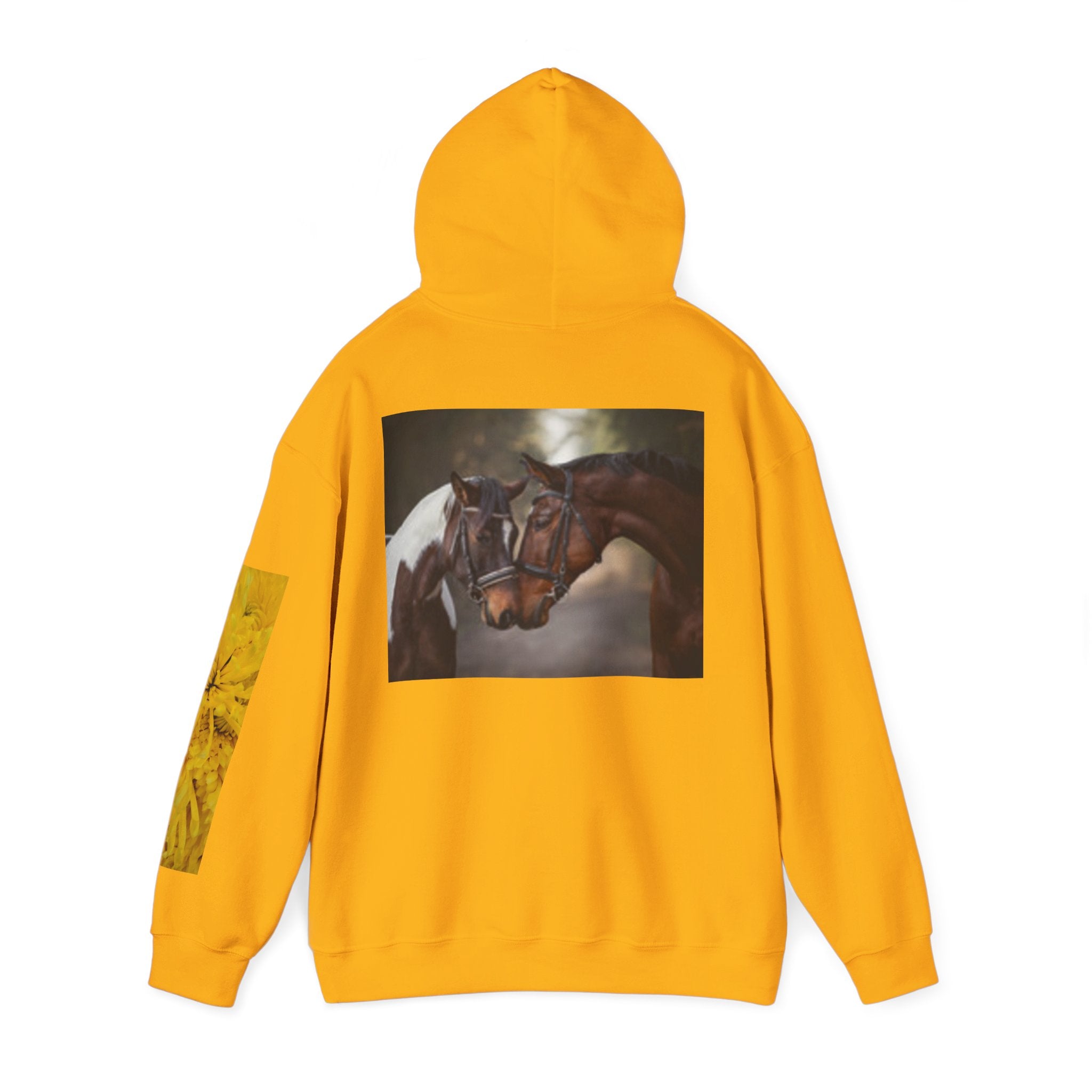 Sunrise Meadow & Horse Graphic Hoodie — Scenic Sunset Landscape and Saddled Horse Print