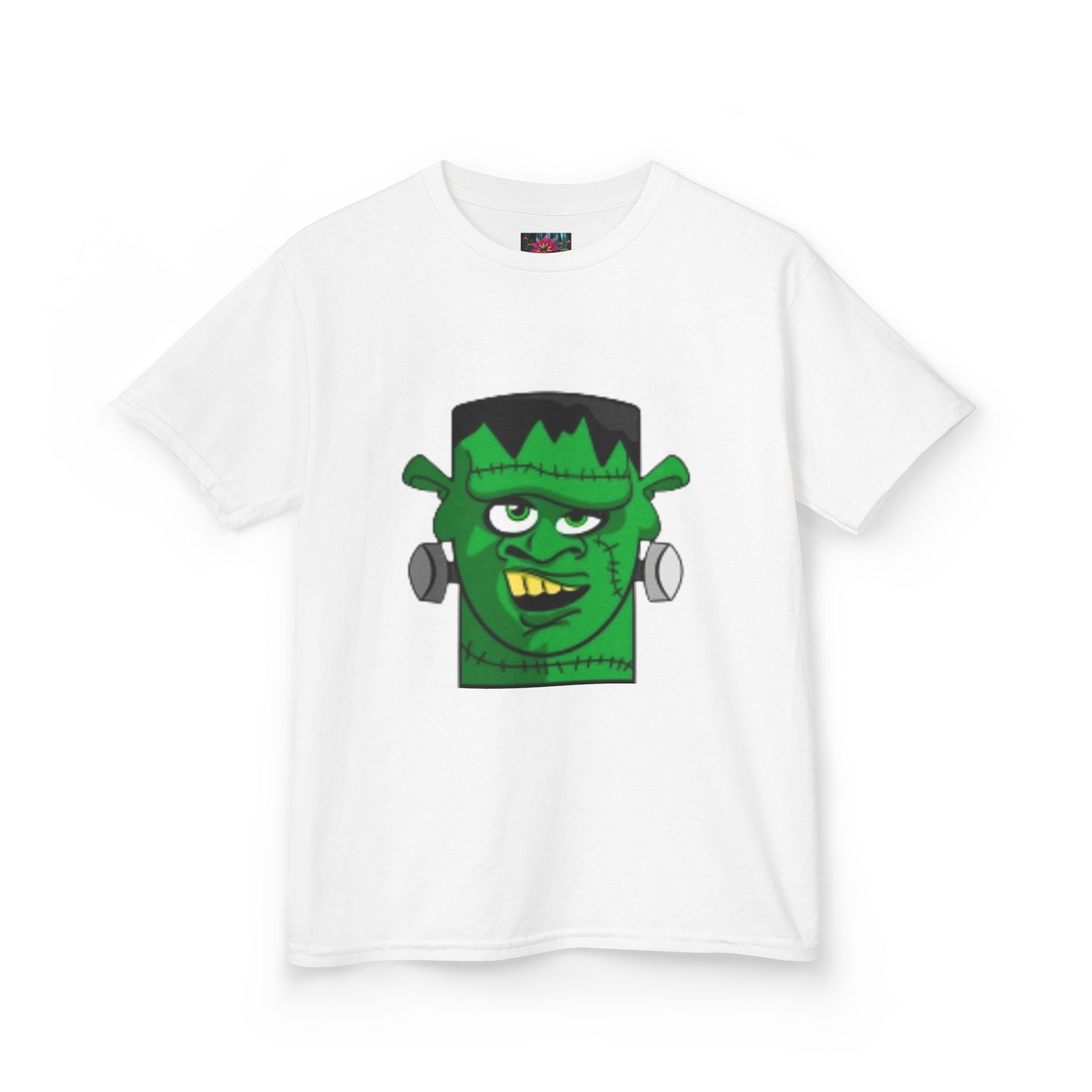 Kids T-shirt— Cute Frankenstein Face Front & Enchanted Forest Back