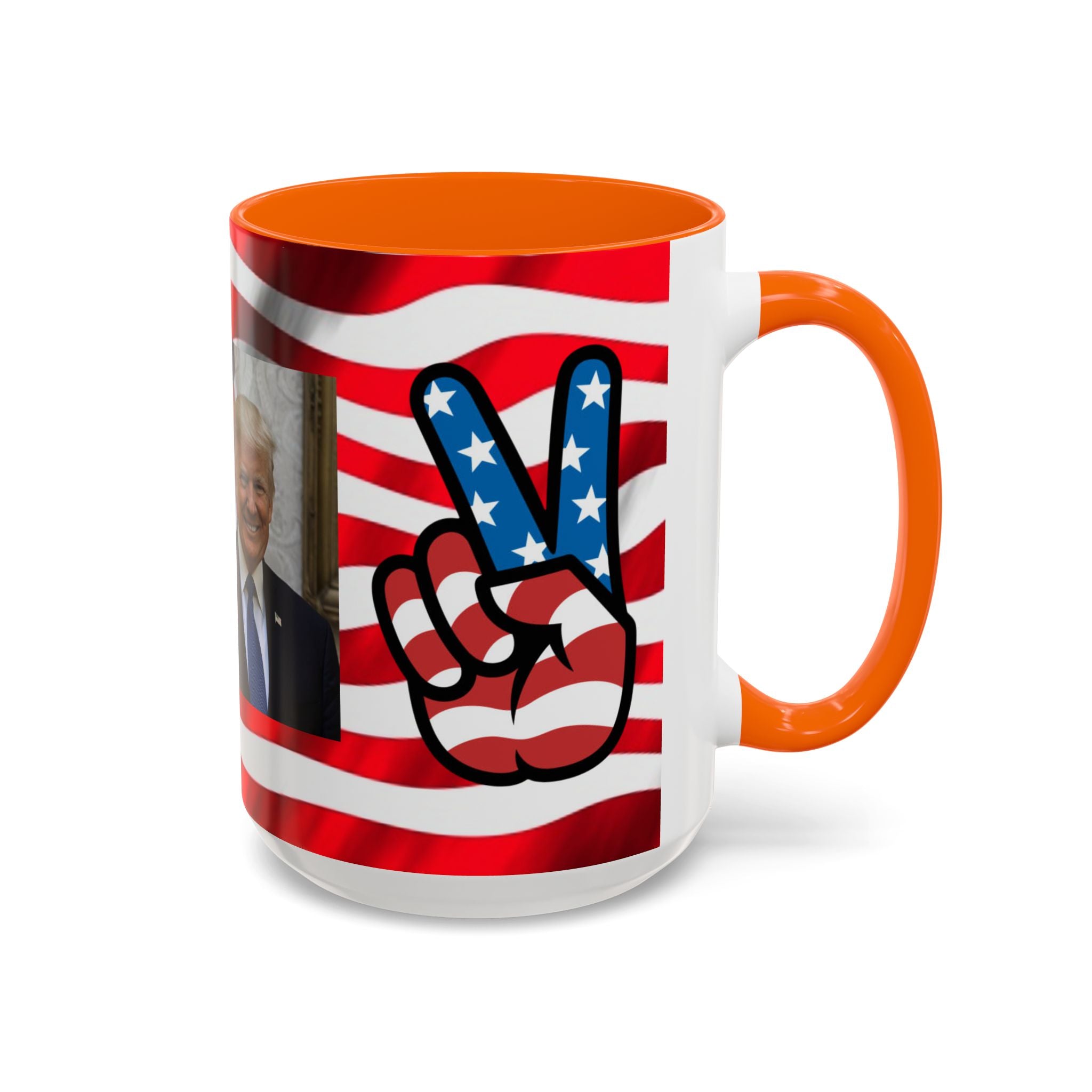 Patriotic President TRUMP Coffee Mug — American Flag Peace Sign & Smile