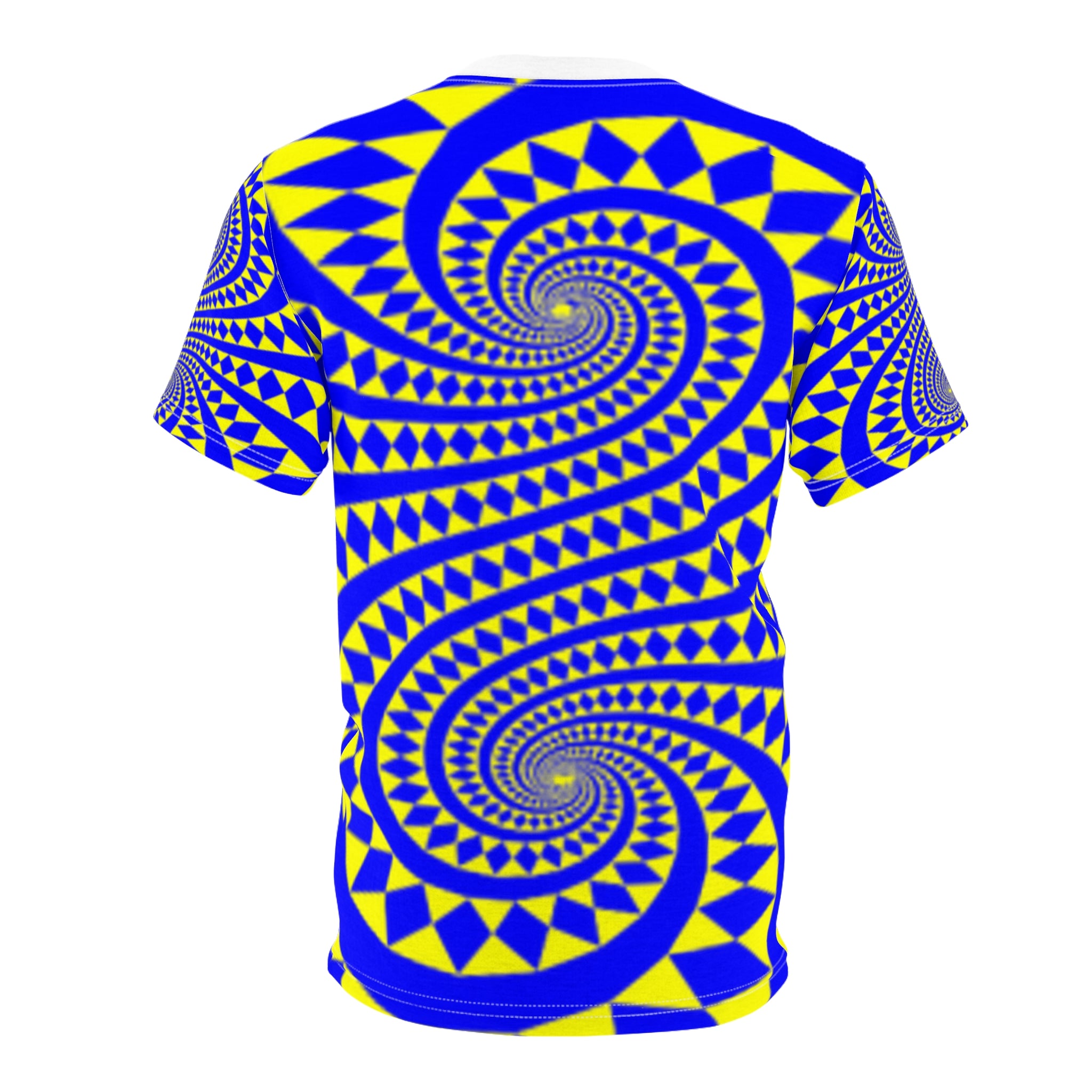 Psychedelic Spiral All-Over Print T-shirt— Blue & Yellow Optical Illusion Shirt