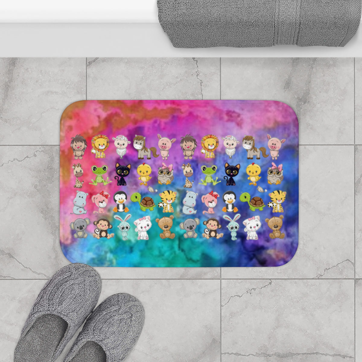 Cute Rainbow Animal Bath Mat — Cartoon Zoo Friends Rug for Kids’ Bathroom