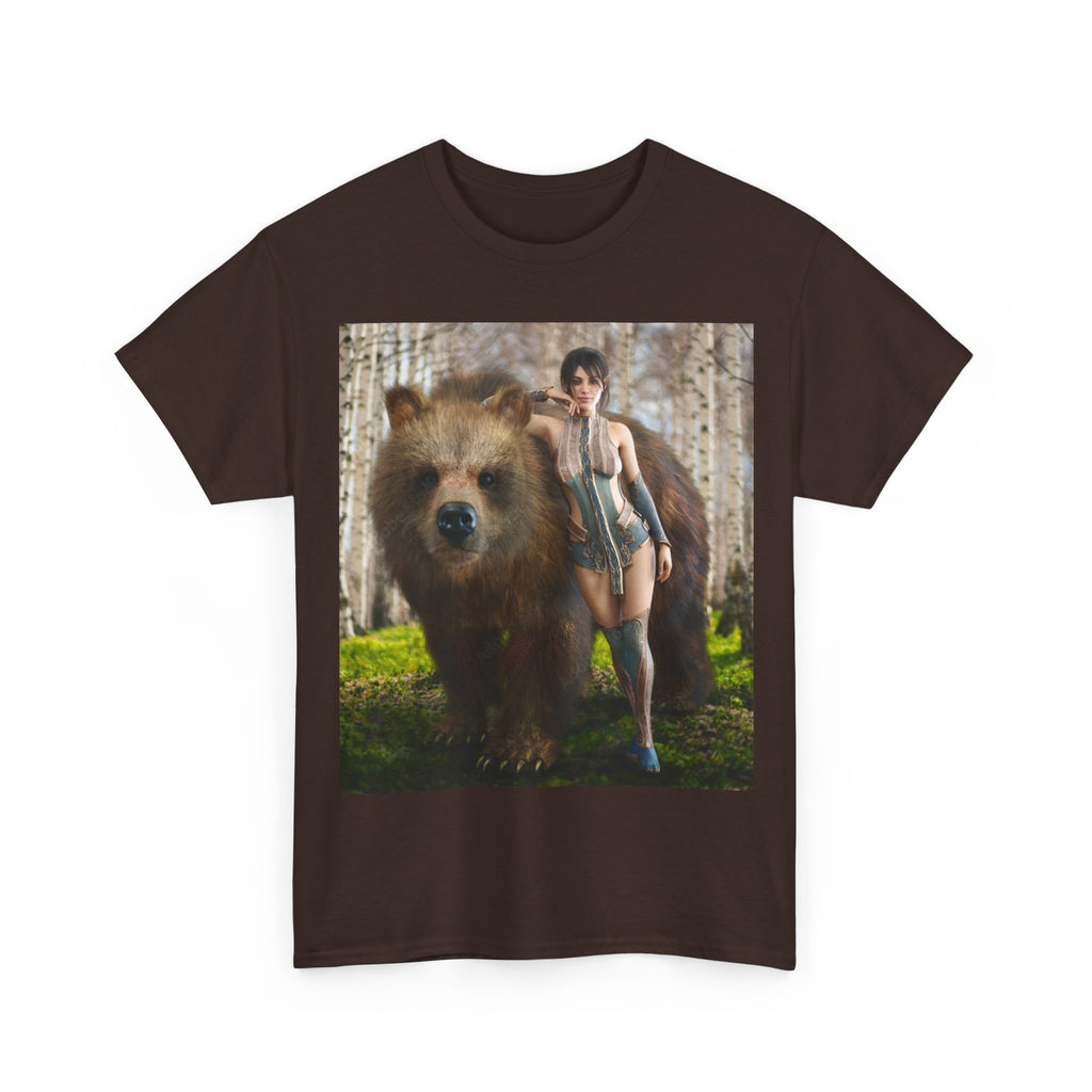 Bear Companion Graphic Tee — Woman Walking with Bear Forest Art T-Shirt