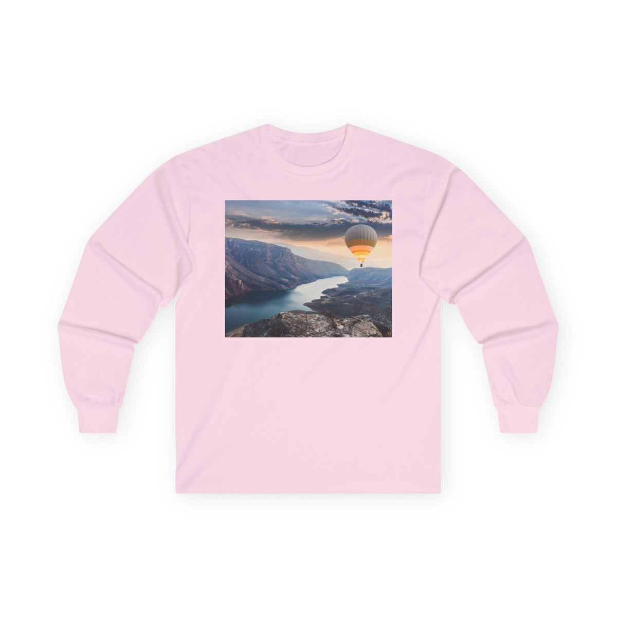 Hot Air Balloon Over Fjord Long Sleeve Tee — Scenic Travel Photography Shirt