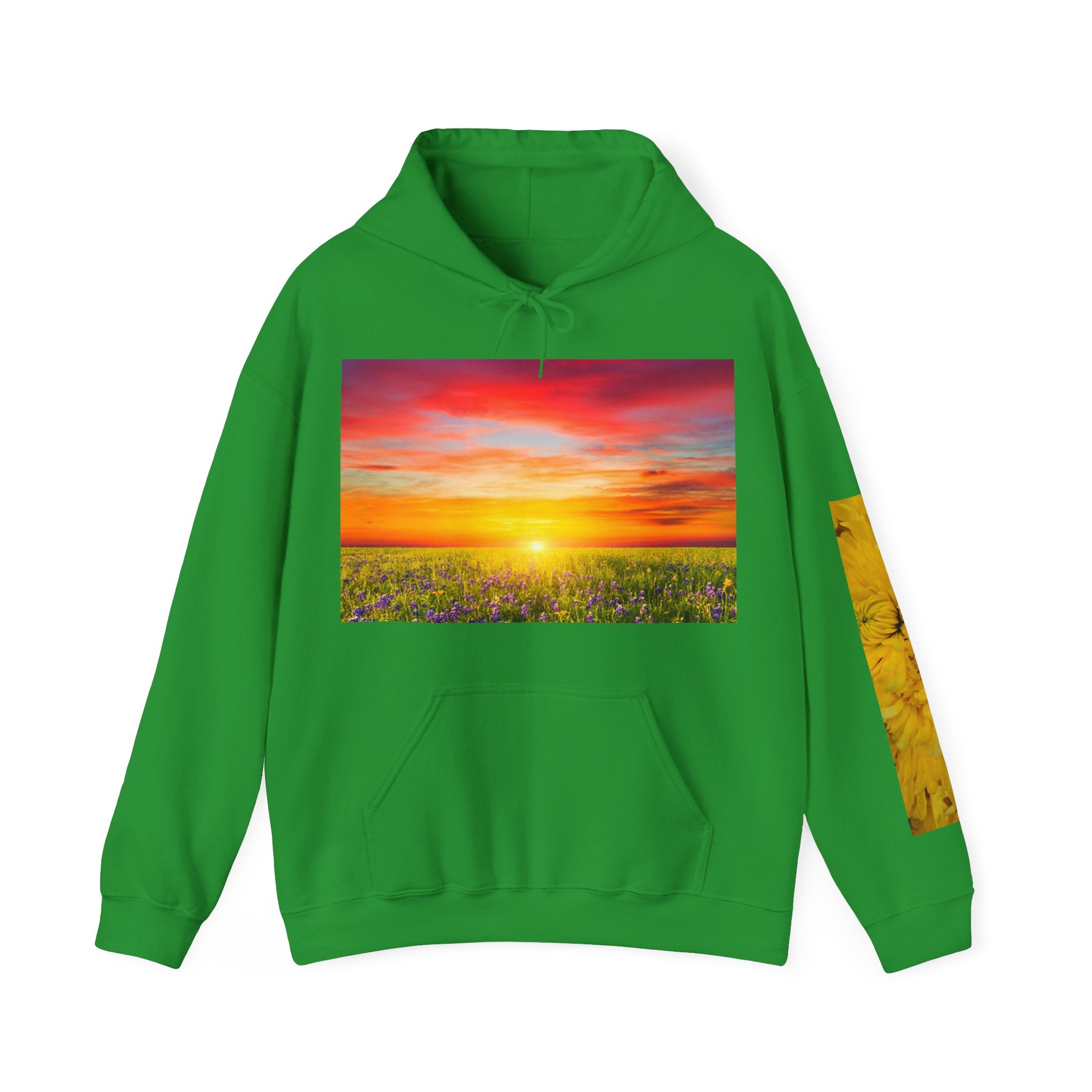 Sunrise Meadow & Horse Graphic Hoodie — Scenic Sunset Landscape and Saddled Horse Print