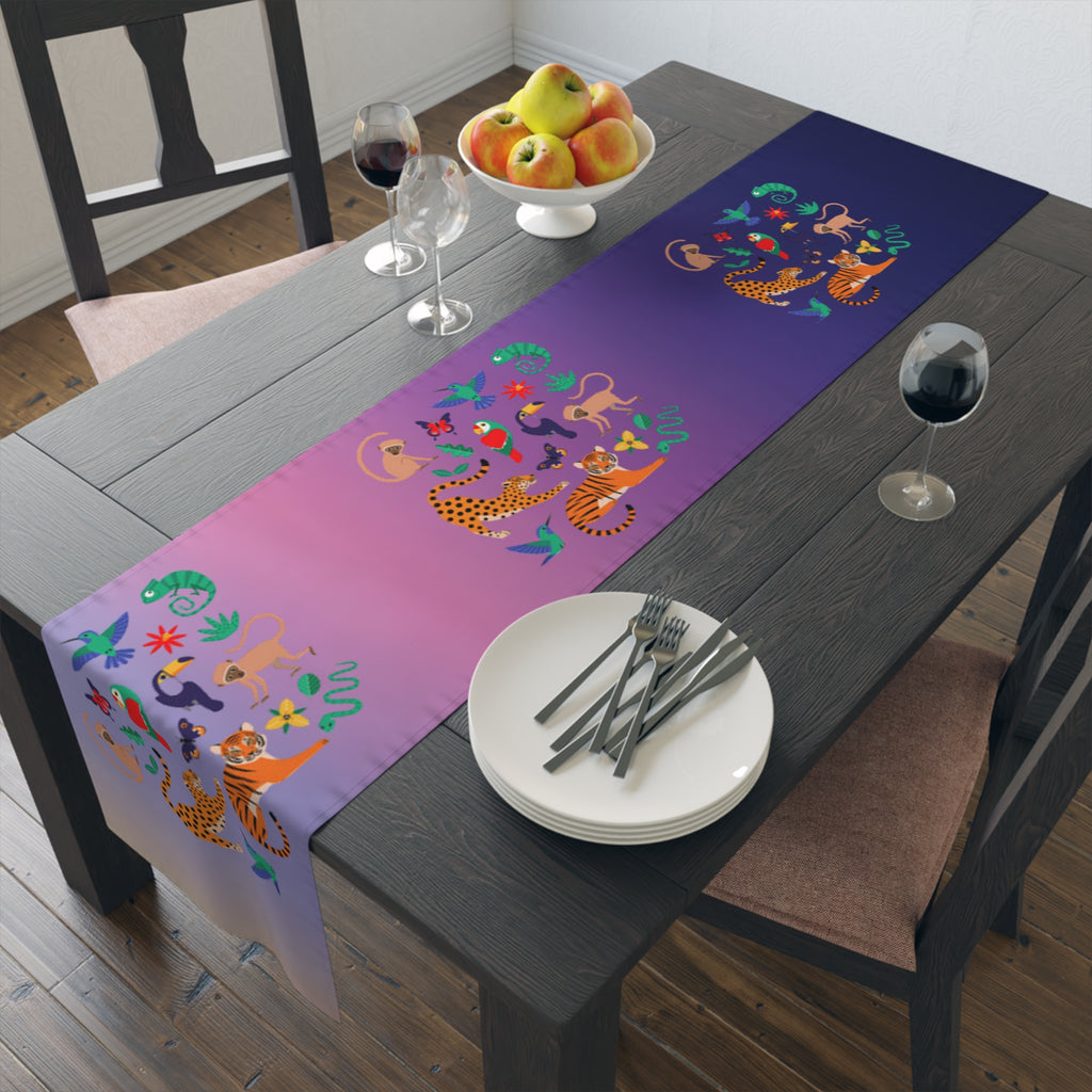 Tropical Jungle Table Runner — Gradient Purple with Tigers & Parrots