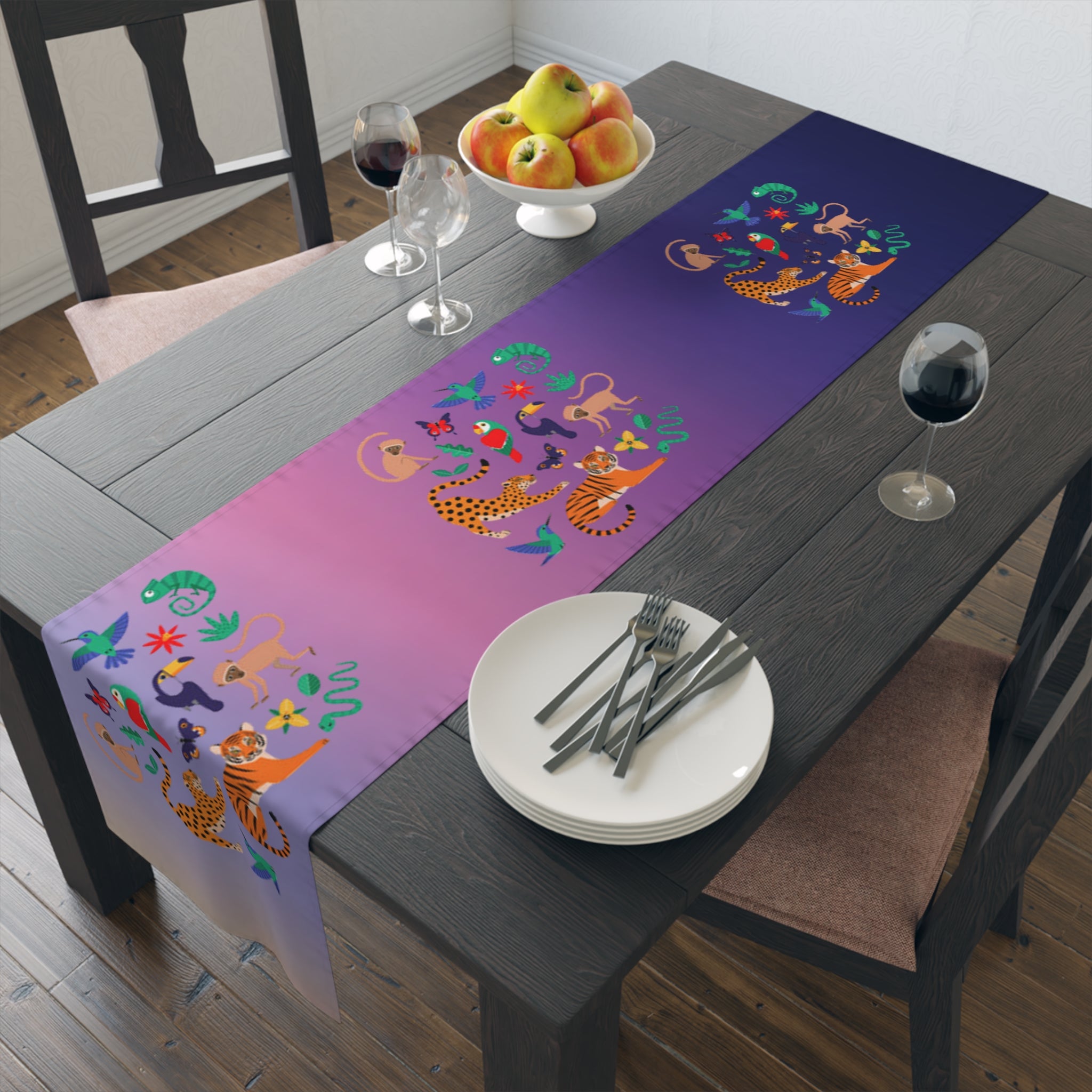 Tropical Jungle Table Runner — Gradient Purple with Tigers & Parrots