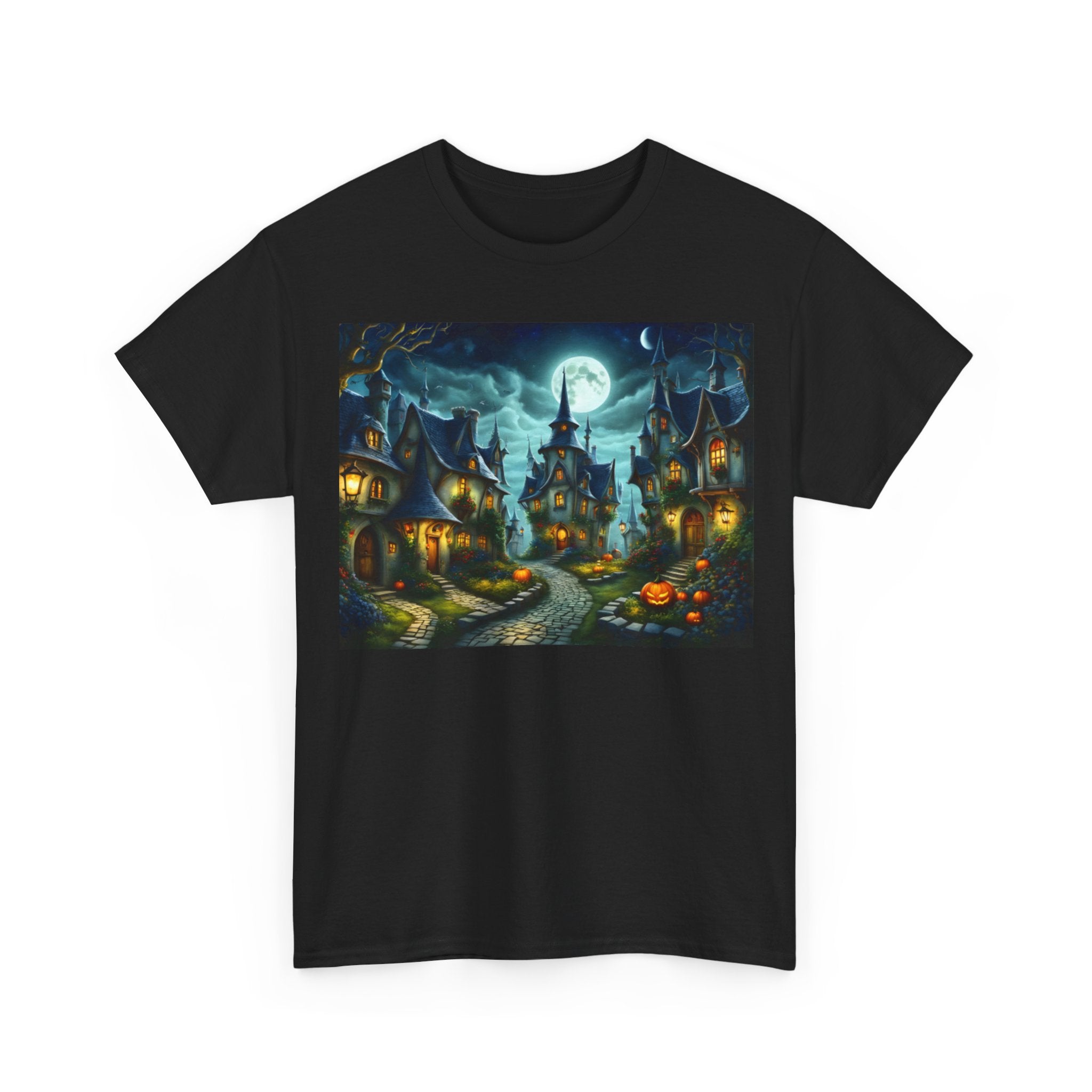 Halloween Village Tee — Spooky Moonlit Haunted Street T-Shirt