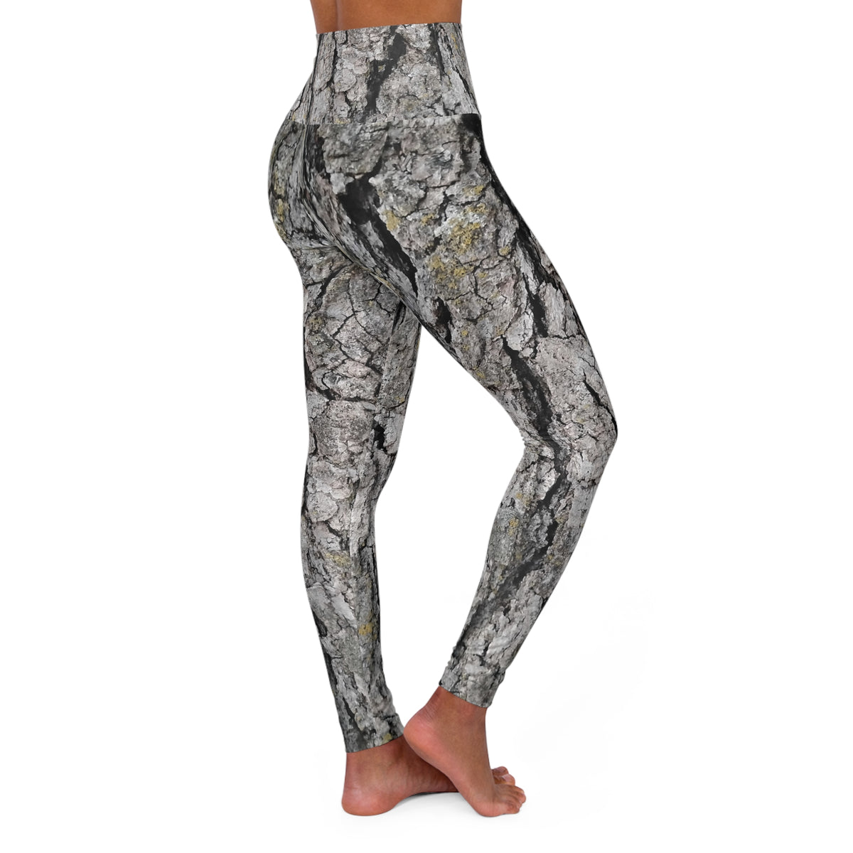 Bark Texture High-Waist Yoga Leggings — Tree Bark Print All-Over
