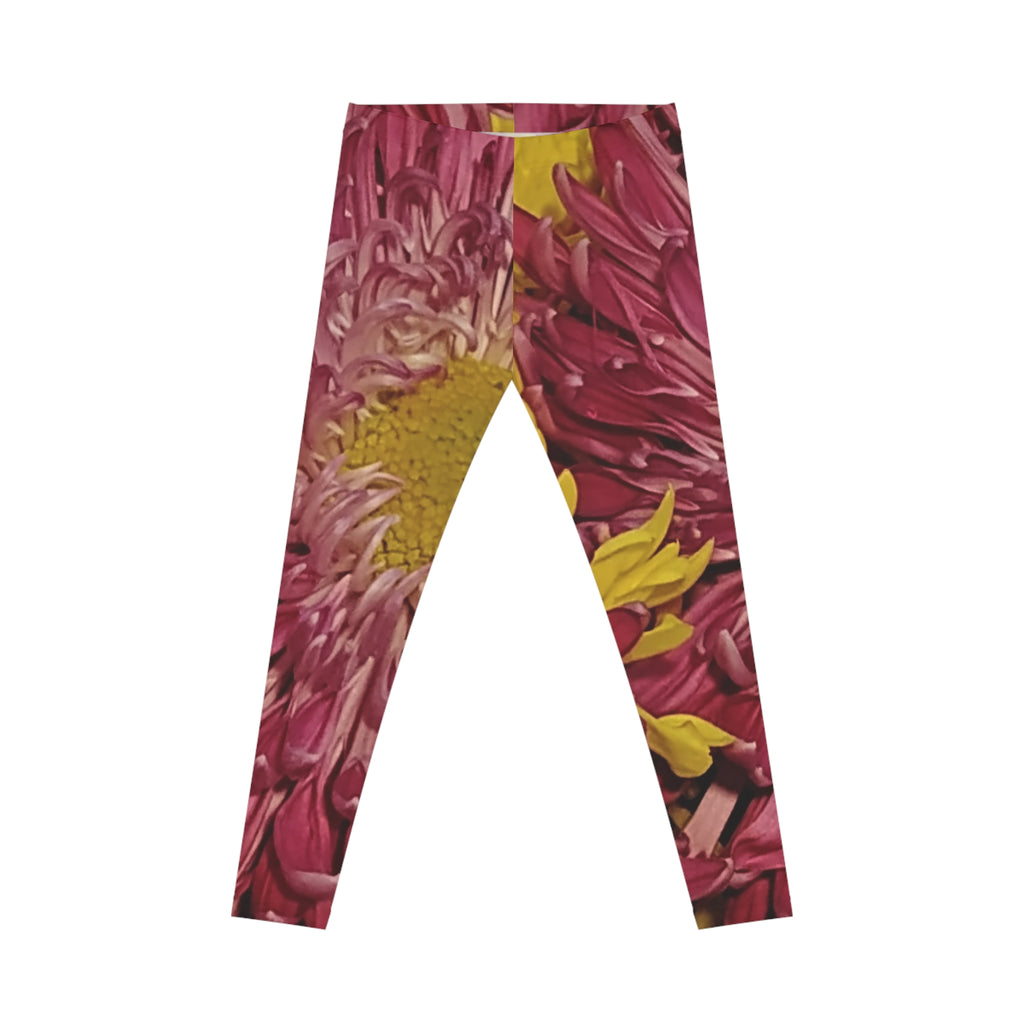 Floral Split-Print Women's Leggings — Bold Maroon & Mustard Chrysanthemum Design
