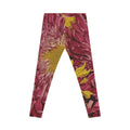Floral Split-Print Women's Leggings — Bold Maroon & Mustard Chrysanthemum Design