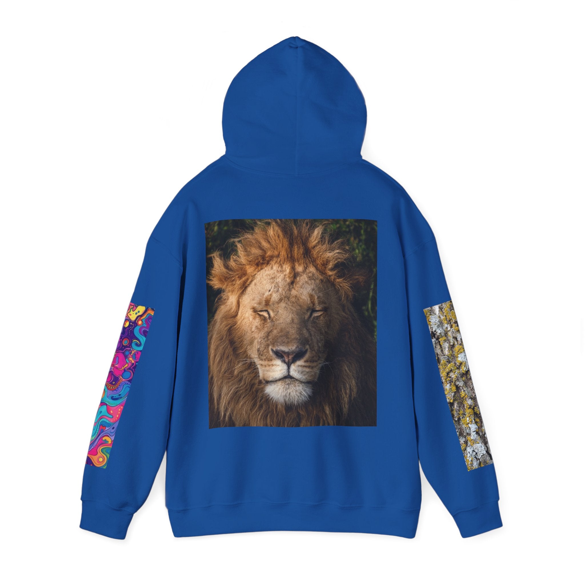 Lion Portrait Hoodie with Colorful Sleeve Accent — Majestic Wildlife Pullover