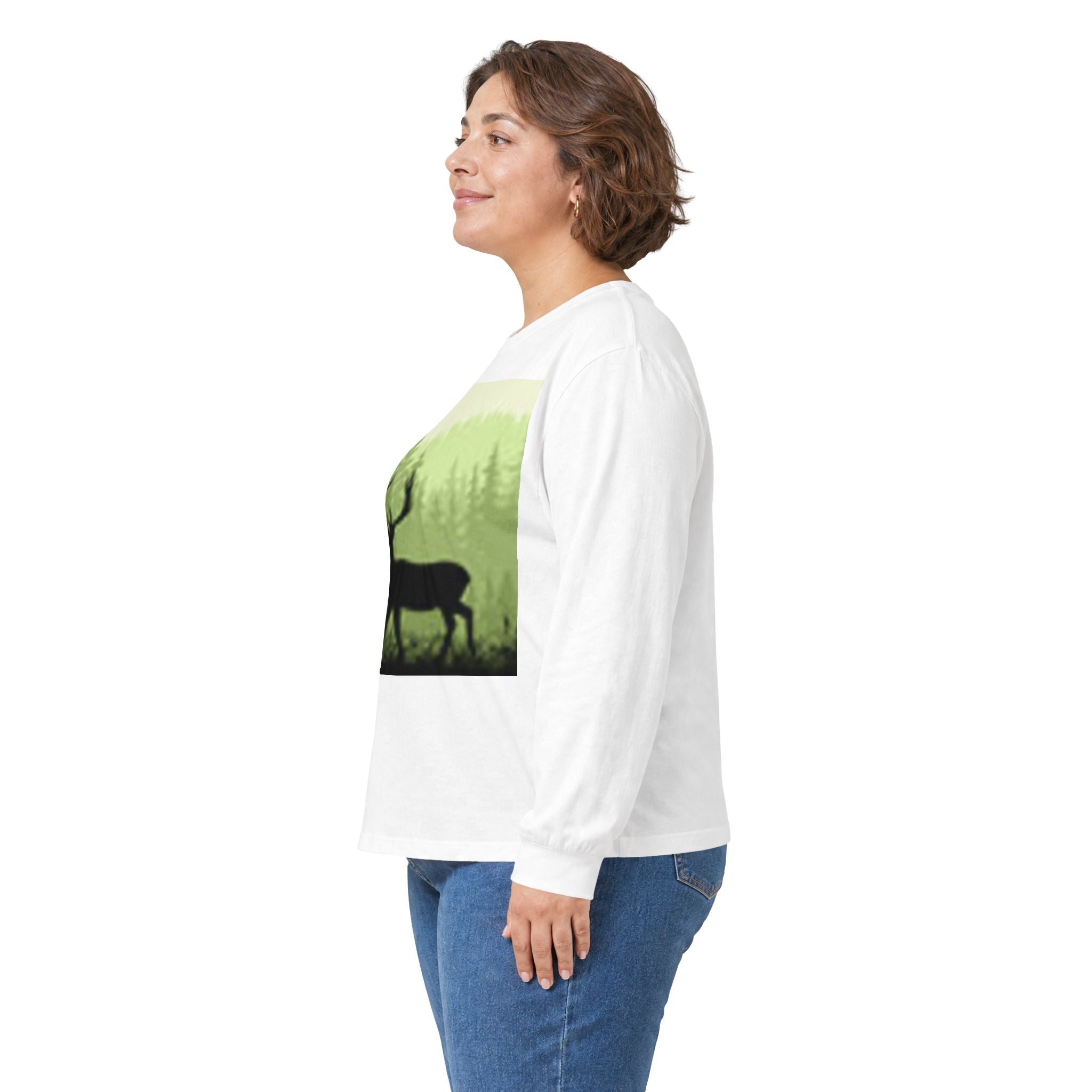 Forest Deer Sunset Long Sleeve Tee — Nature Silhouette Graphic Shirt