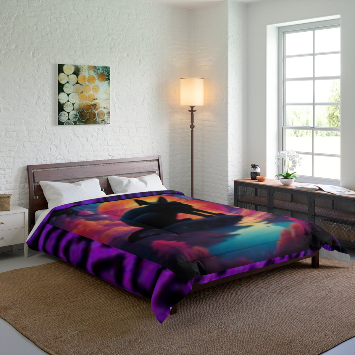 Black Cat Sunset with Purple Animal Print Comforter - Lightweight Cozy Bedding for All Seasons