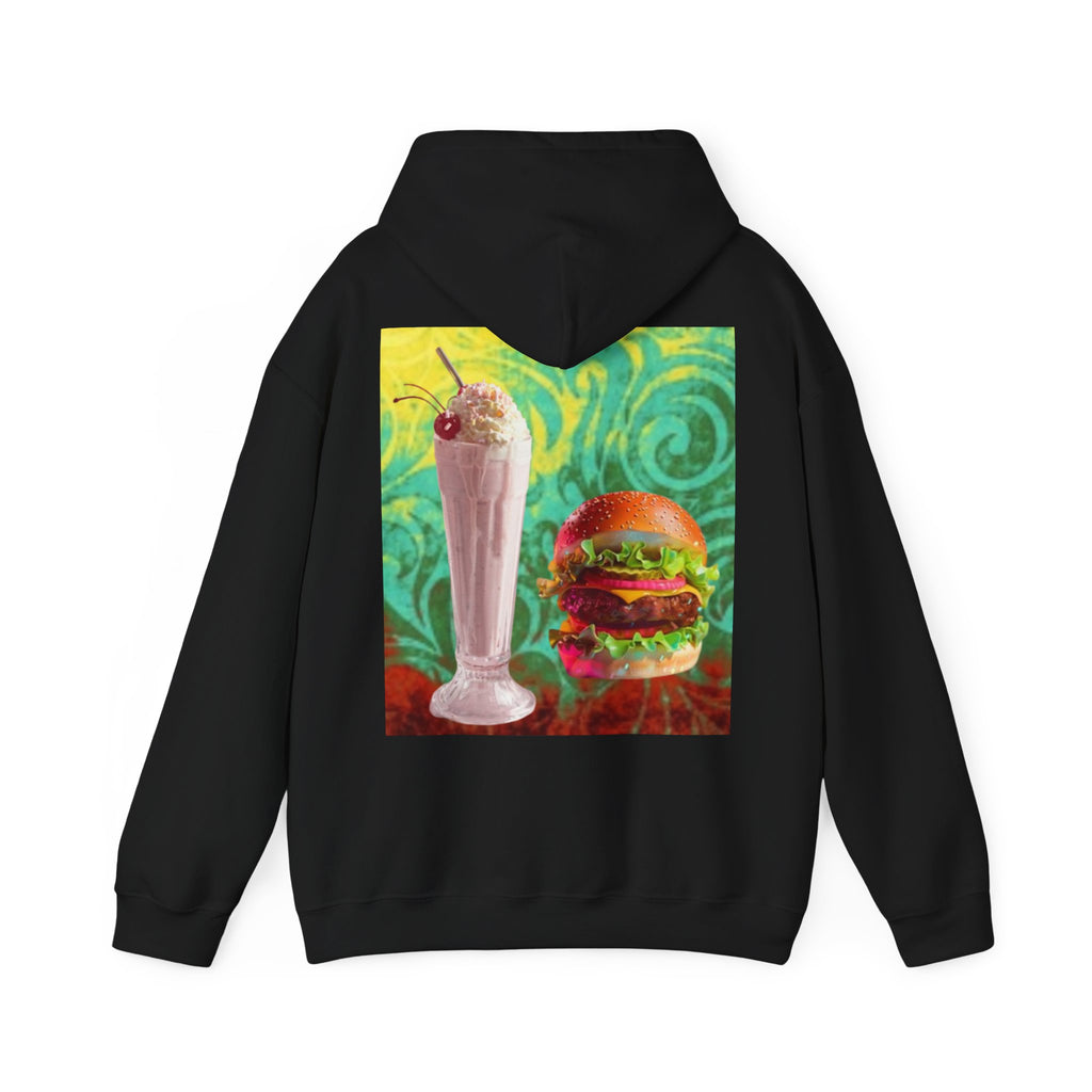 Burger & Strawberry Milkshake Hoodie — Retro Diner Food Graphic Hoodie