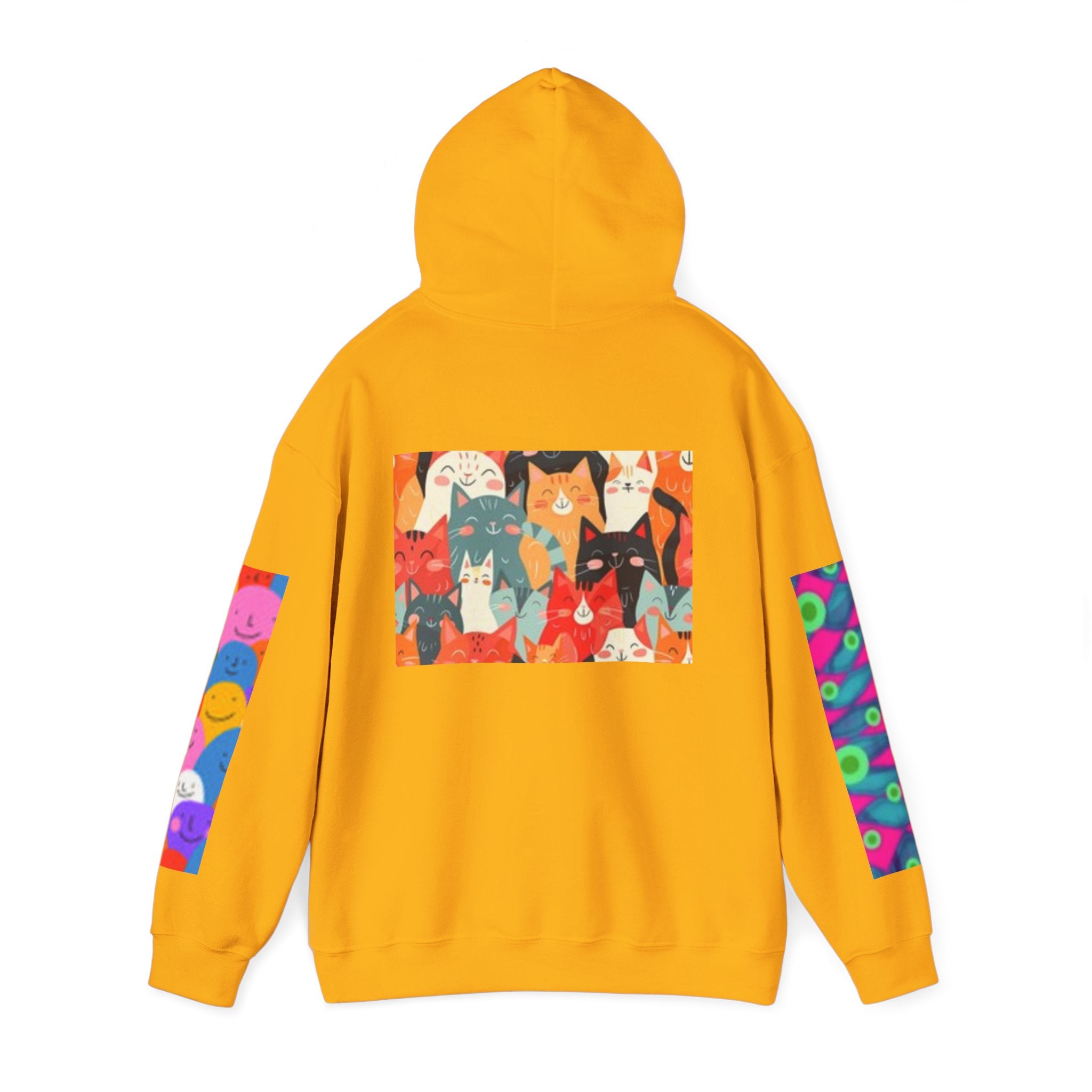 Cat Graphic Hoodie - Retro Sunglasses Cat Front & Colorful Cat Pattern Back Sweatshirt