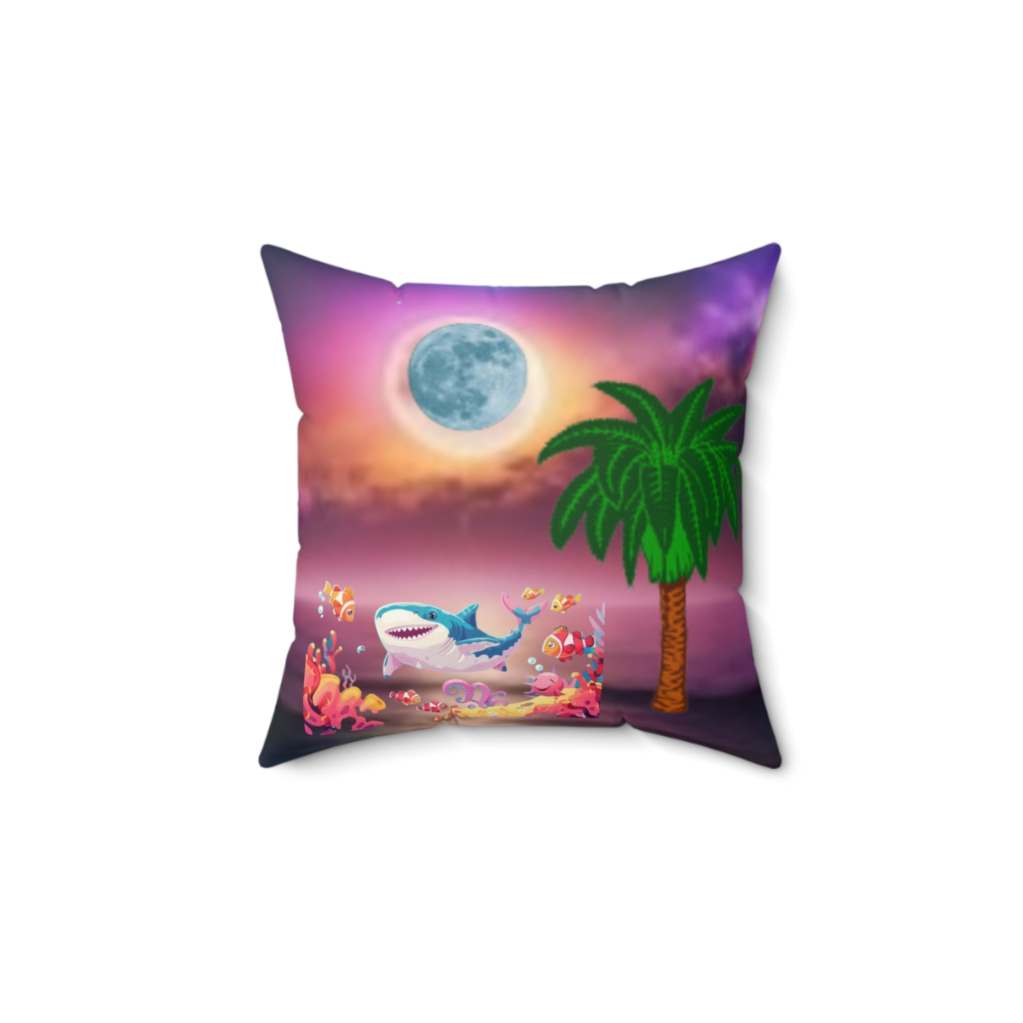 Square Pillow — Surreal Moonlit Beach Design (Butterfly, Fish & Palm)