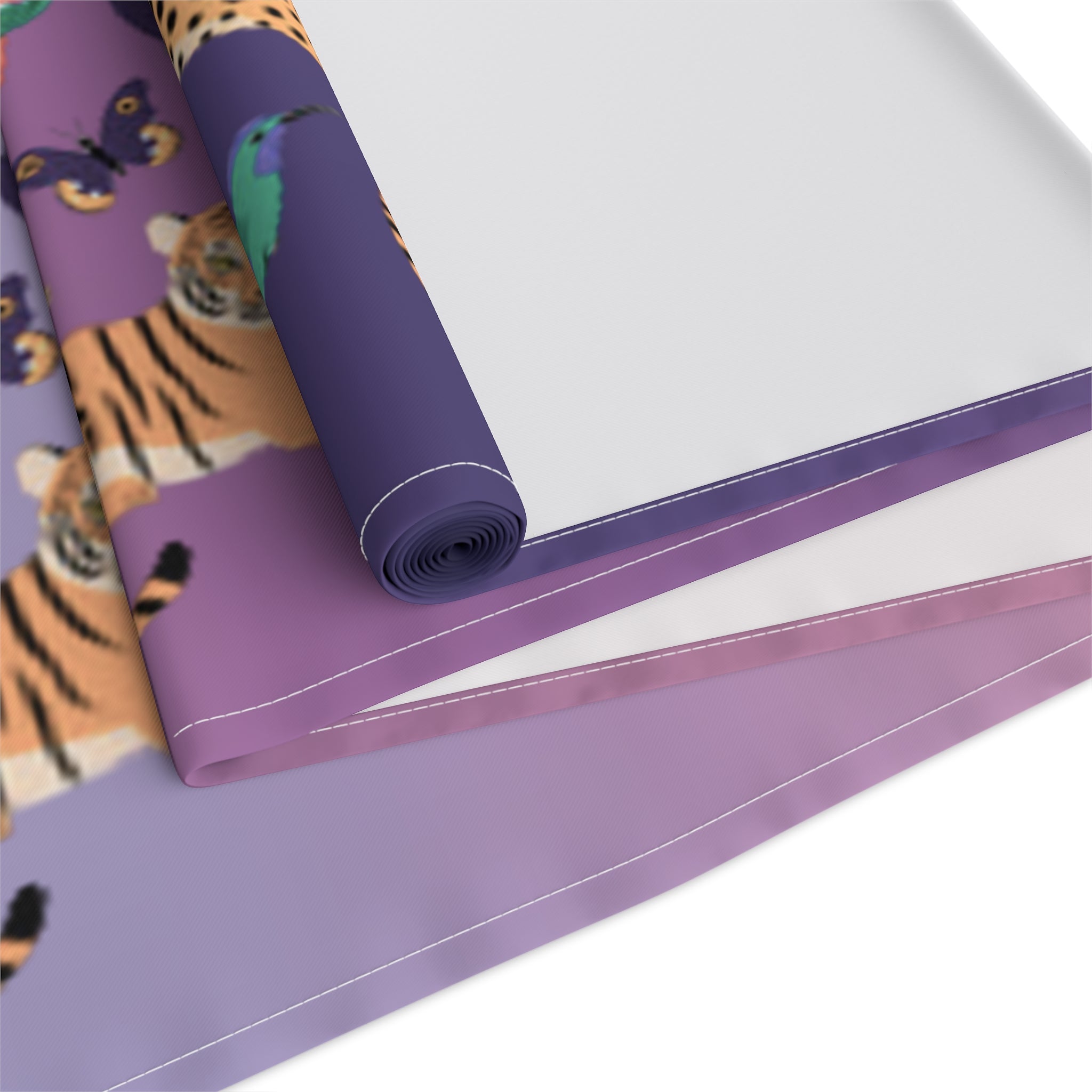 Tropical Jungle Table Runner — Gradient Purple with Tigers & Parrots