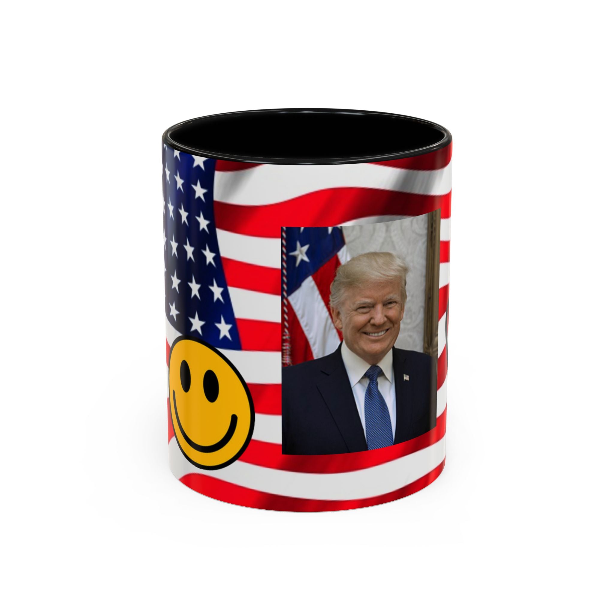 Patriotic President TRUMP Coffee Mug — American Flag Peace Sign & Smile