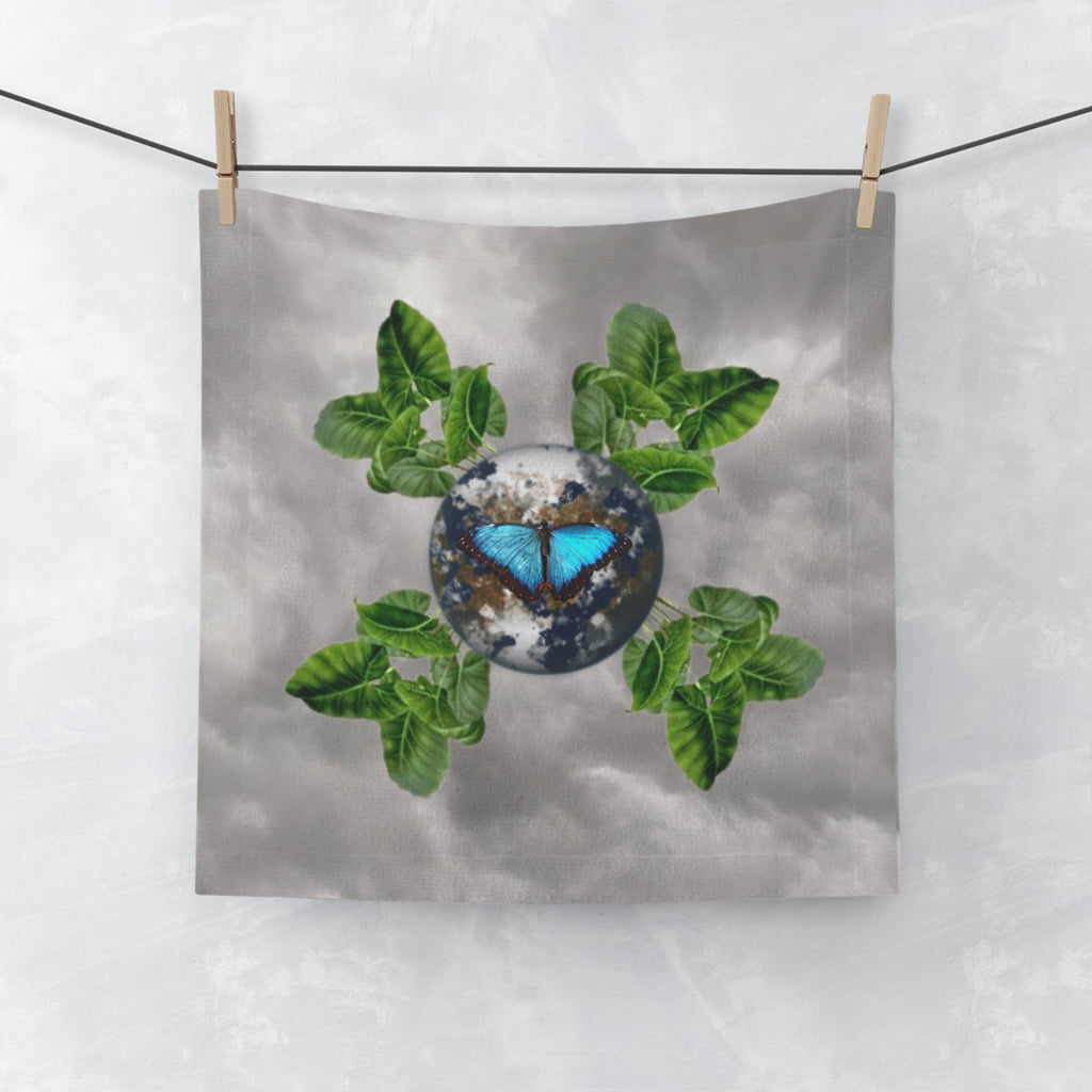 Butterfly Earth Face Towel & Earth Facts — Botanical Blue Morpho Design