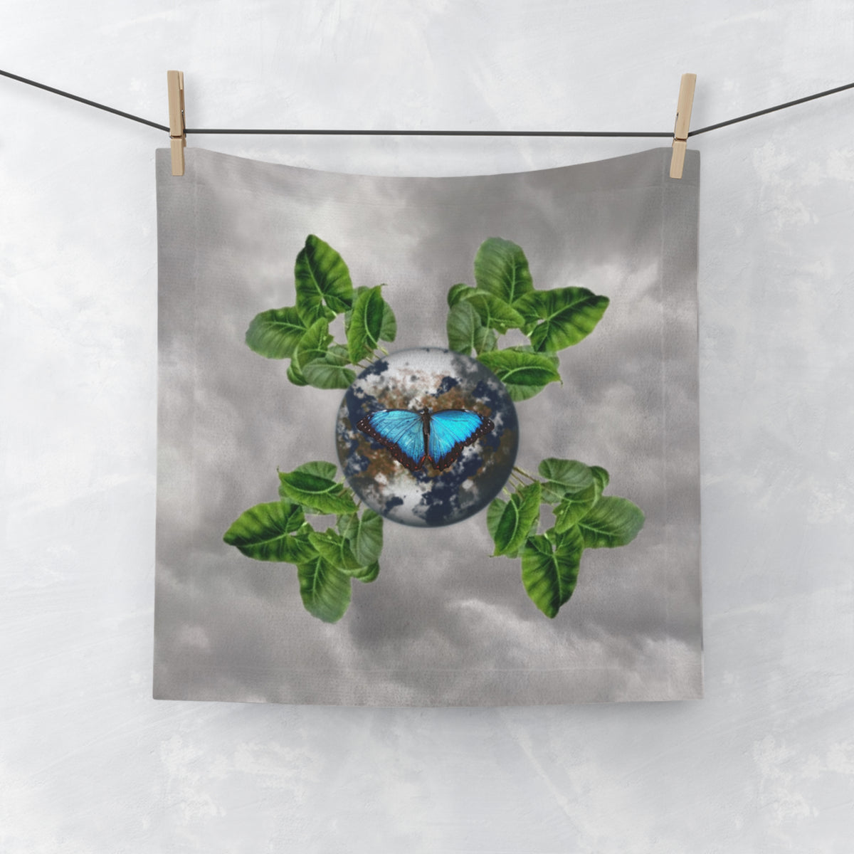 Butterfly Earth Face Towel & Earth Facts — Botanical Blue Morpho Design