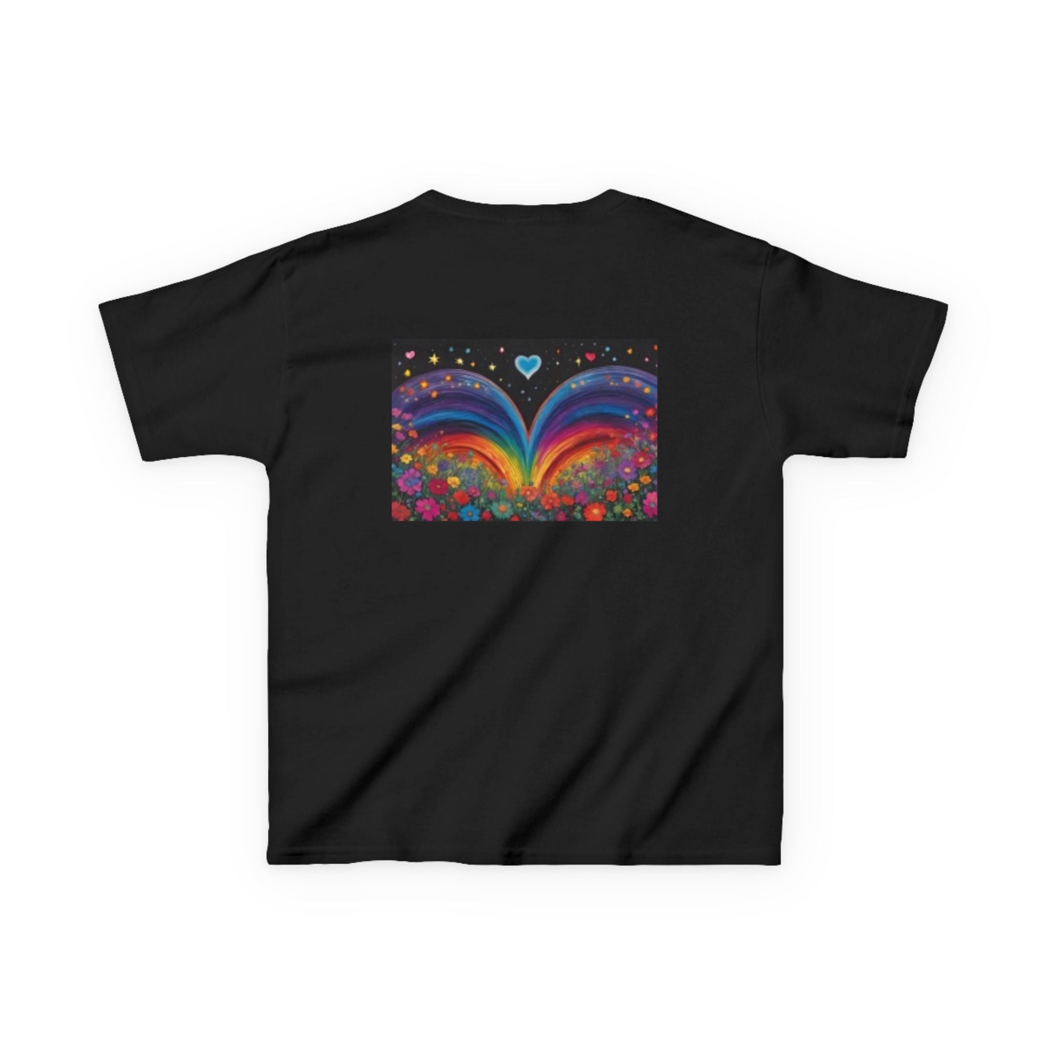 Kids T-shirt— Cute Tiger Cub Photo Front & Rainbow Heart Back Graphic