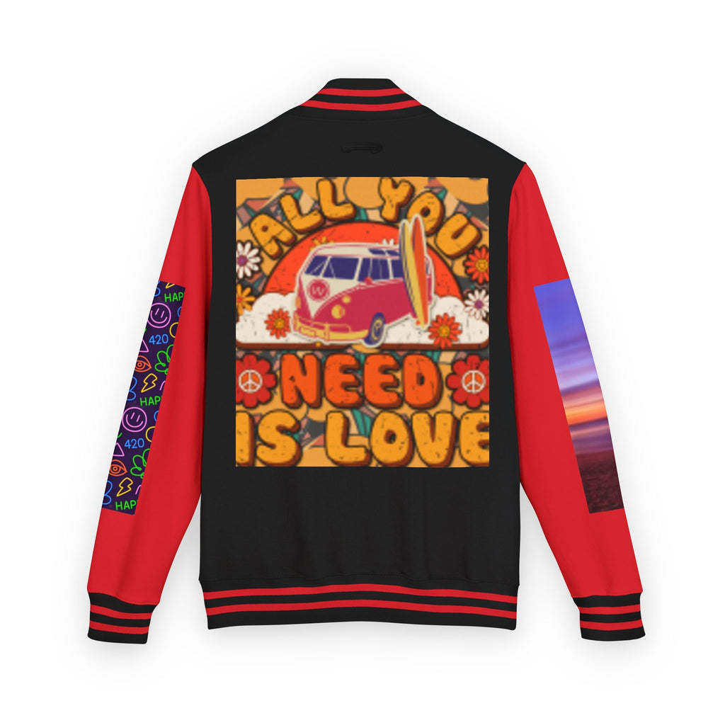 Letterman Jacket — Retro 'All You Need Is Love' Hippie Van & Cannabis Leaf Design