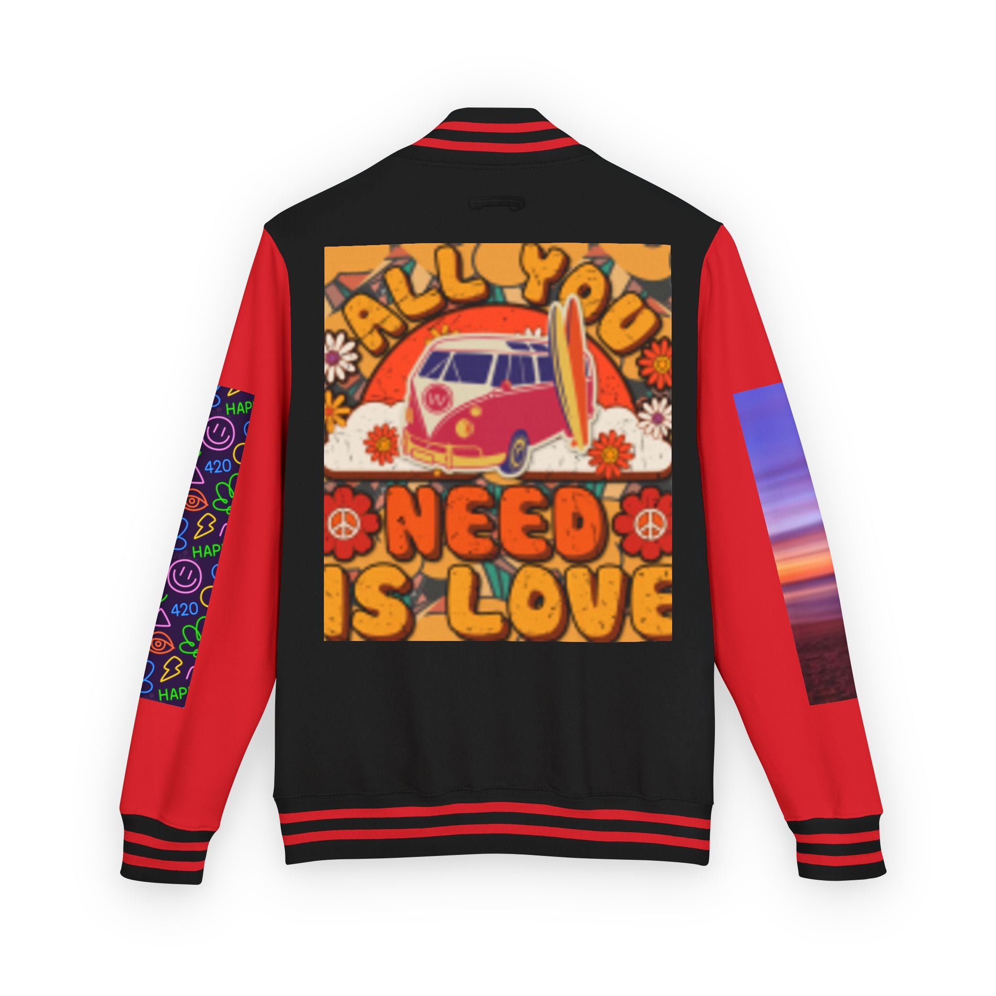 Letterman Jacket — Retro 'All You Need Is Love' Hippie Van & Cannabis Leaf Design