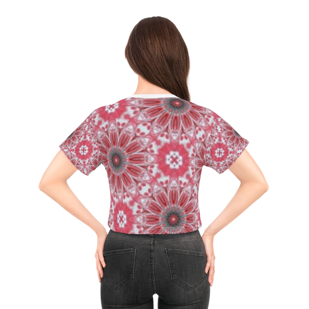 Floral Kaleidoscope Crop Tee — Red Mandala All-Over Print