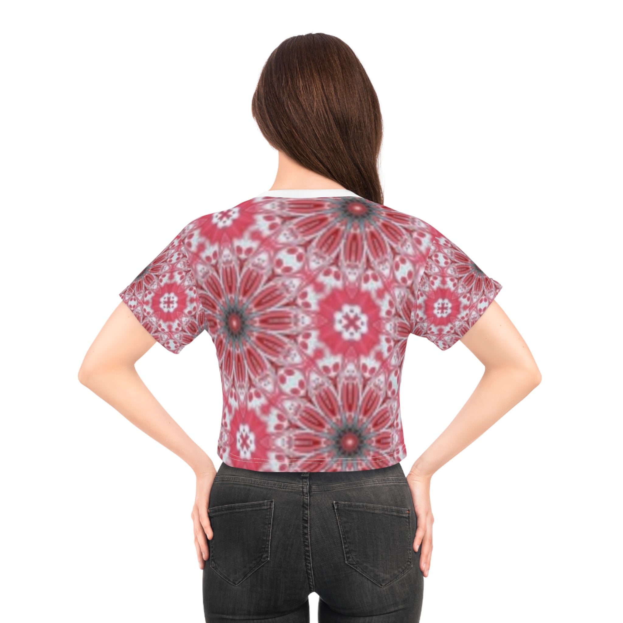 Floral Kaleidoscope Crop Tee — Red Mandala All-Over Print