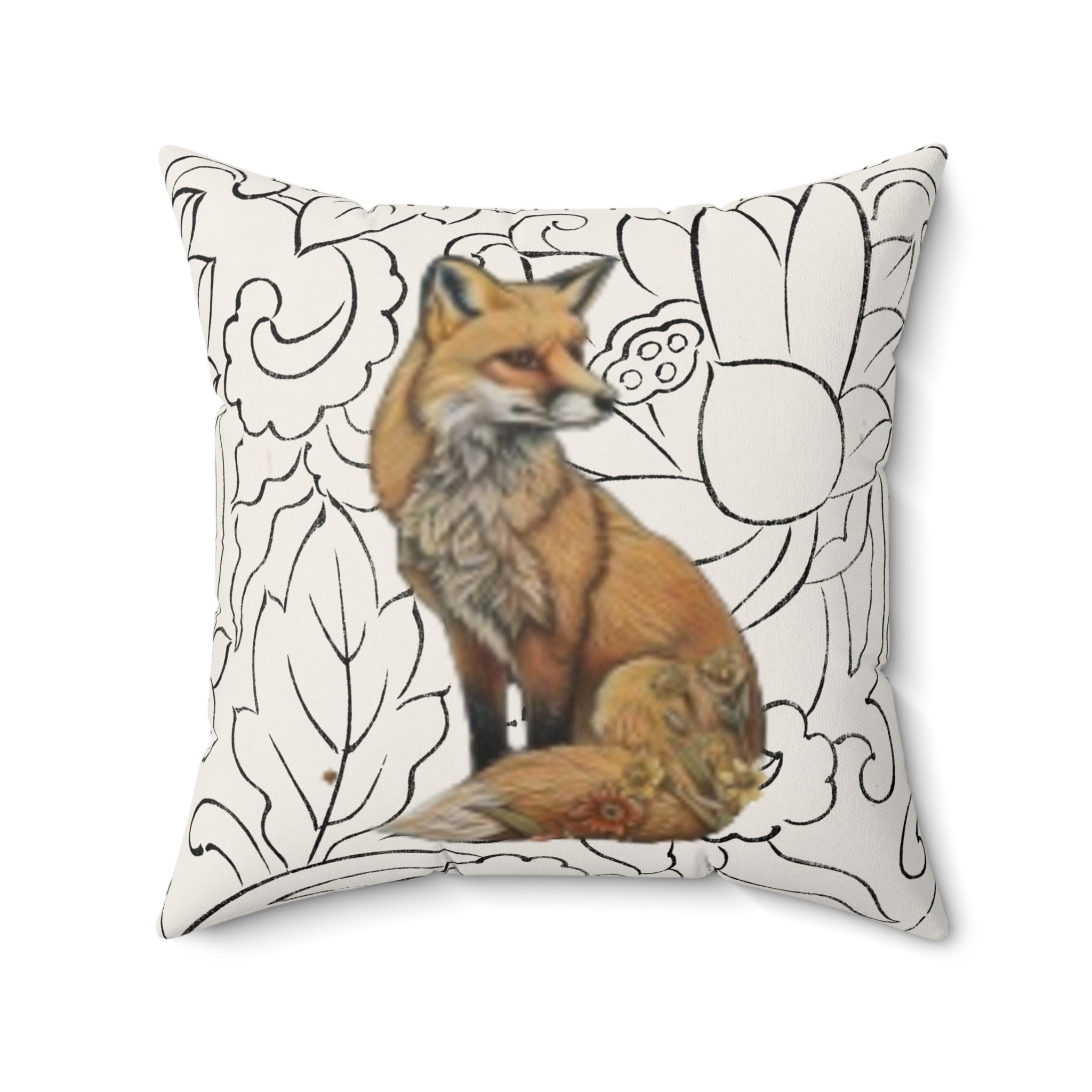 Decorative Throw Pillow — Fox & Sun Patterned Floral & Animal Print Square Accent Cushion