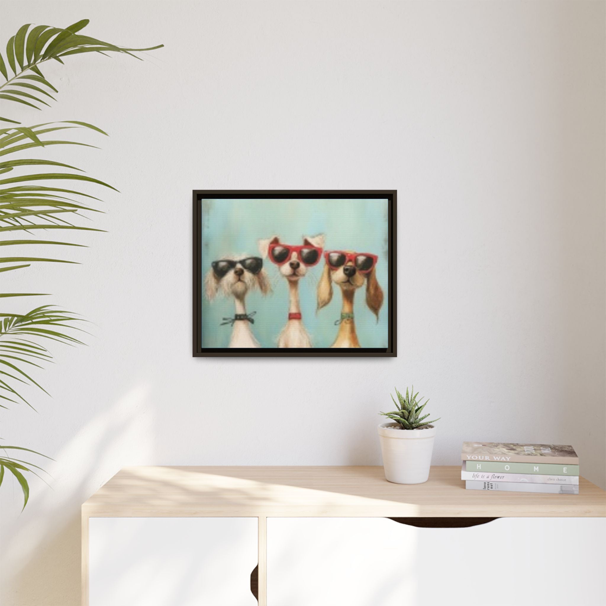 Framed Matte Canvas — Three Cool Dogs in Sunglasses Wall Art