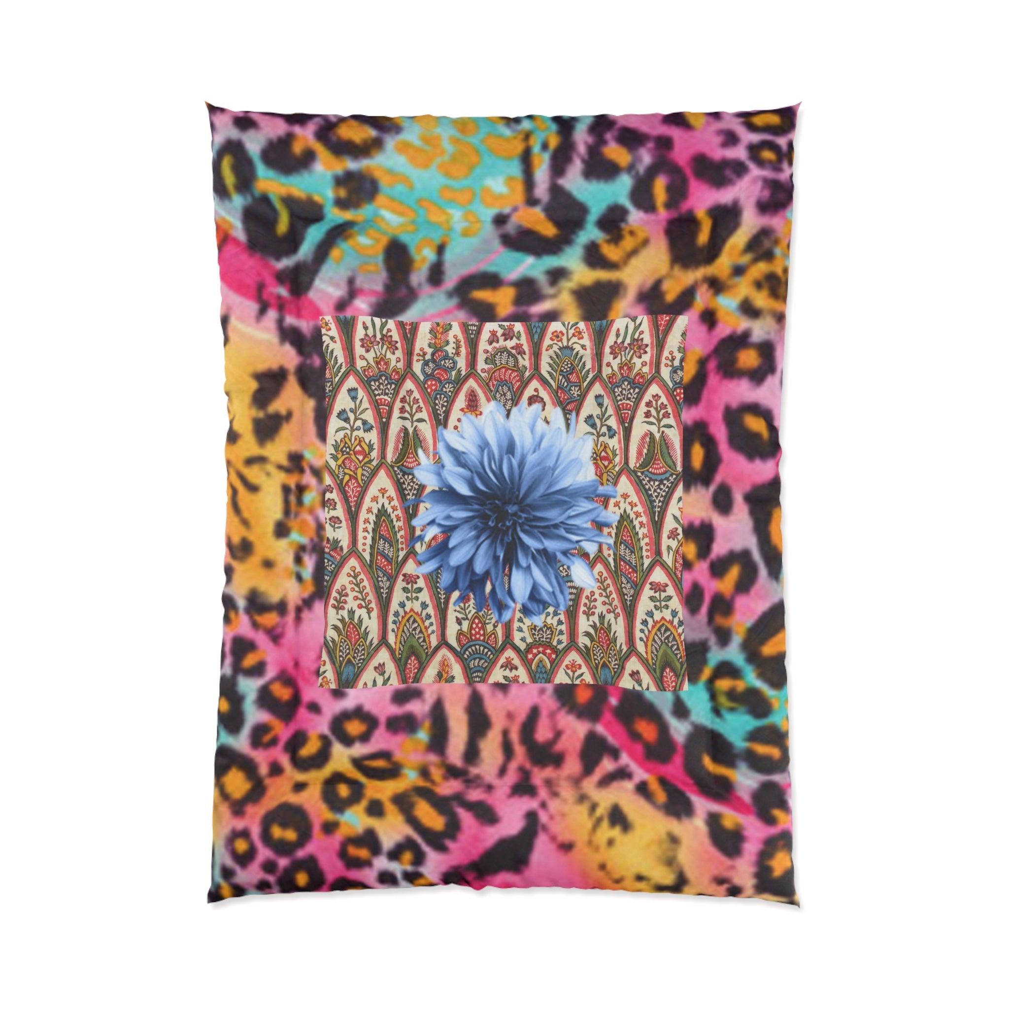 Boho Leopard Floral Comforter — Vibrant Blue Bloom Patterned Bedding