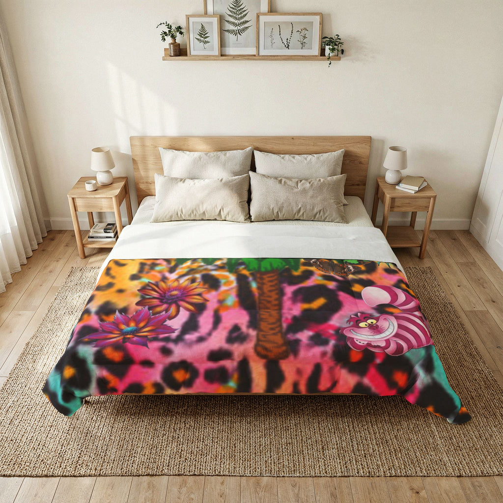 Vibrant Butterfly Palm Tree Chestire Cat Leopard Cotton Comforter — Colorful Boho Floral Throw