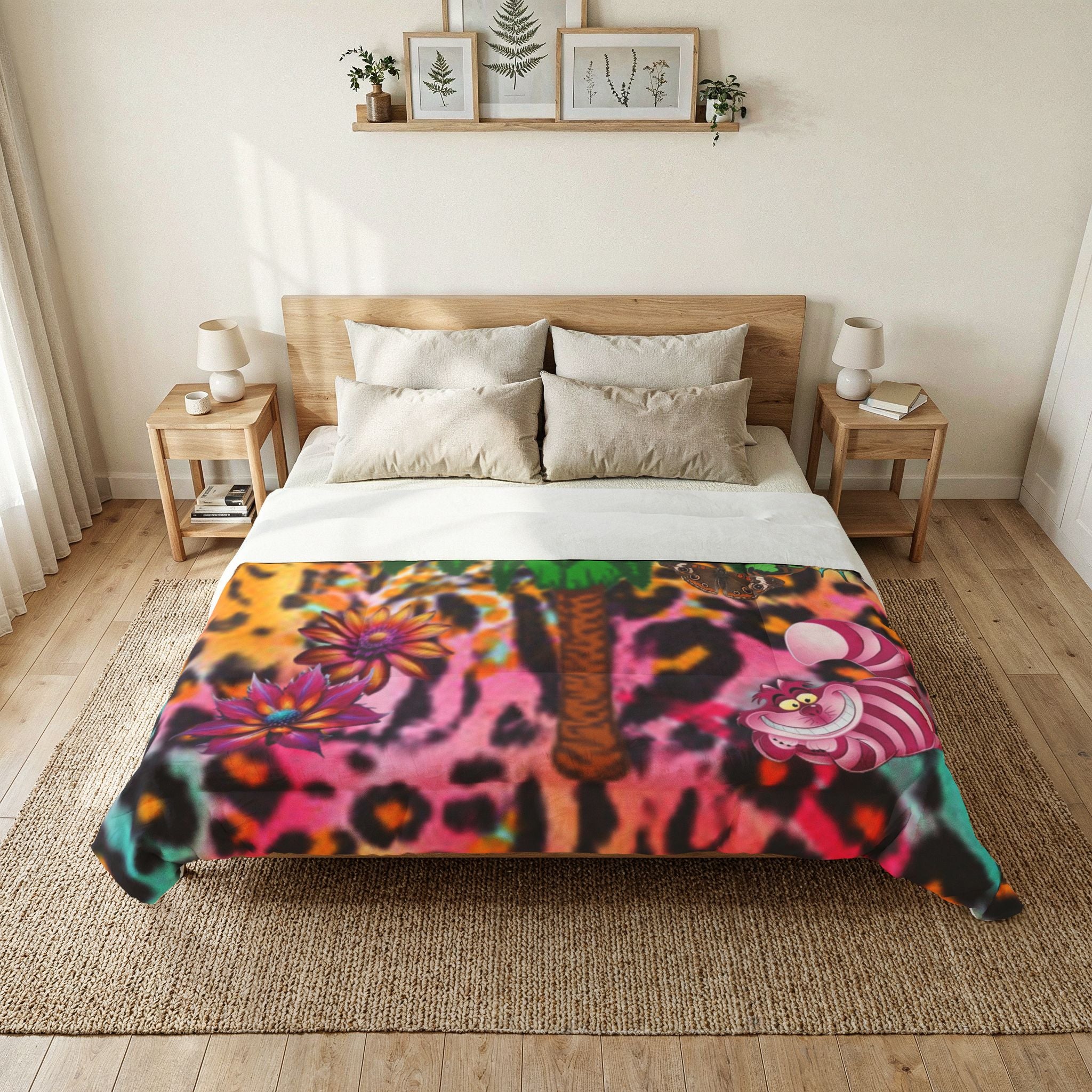 Vibrant Butterfly Palm Tree Chestire Cat Leopard Cotton Comforter — Colorful Boho Floral Throw