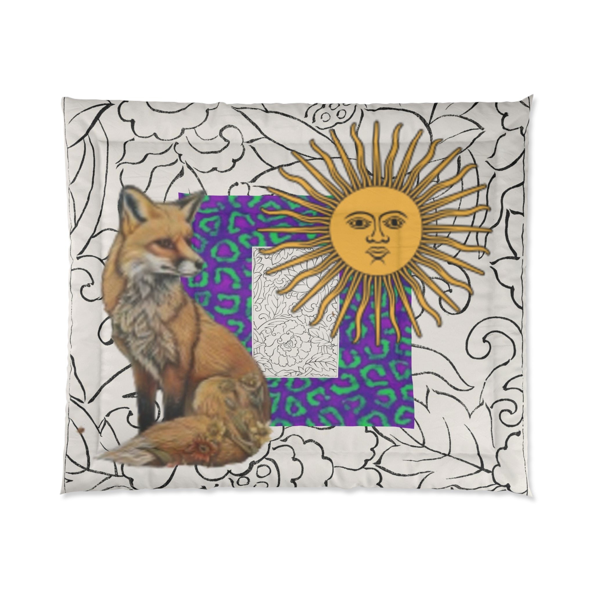 Red Fox Sun with Face Vibrant Purple & Teal Leopard Comforter -  Bedding