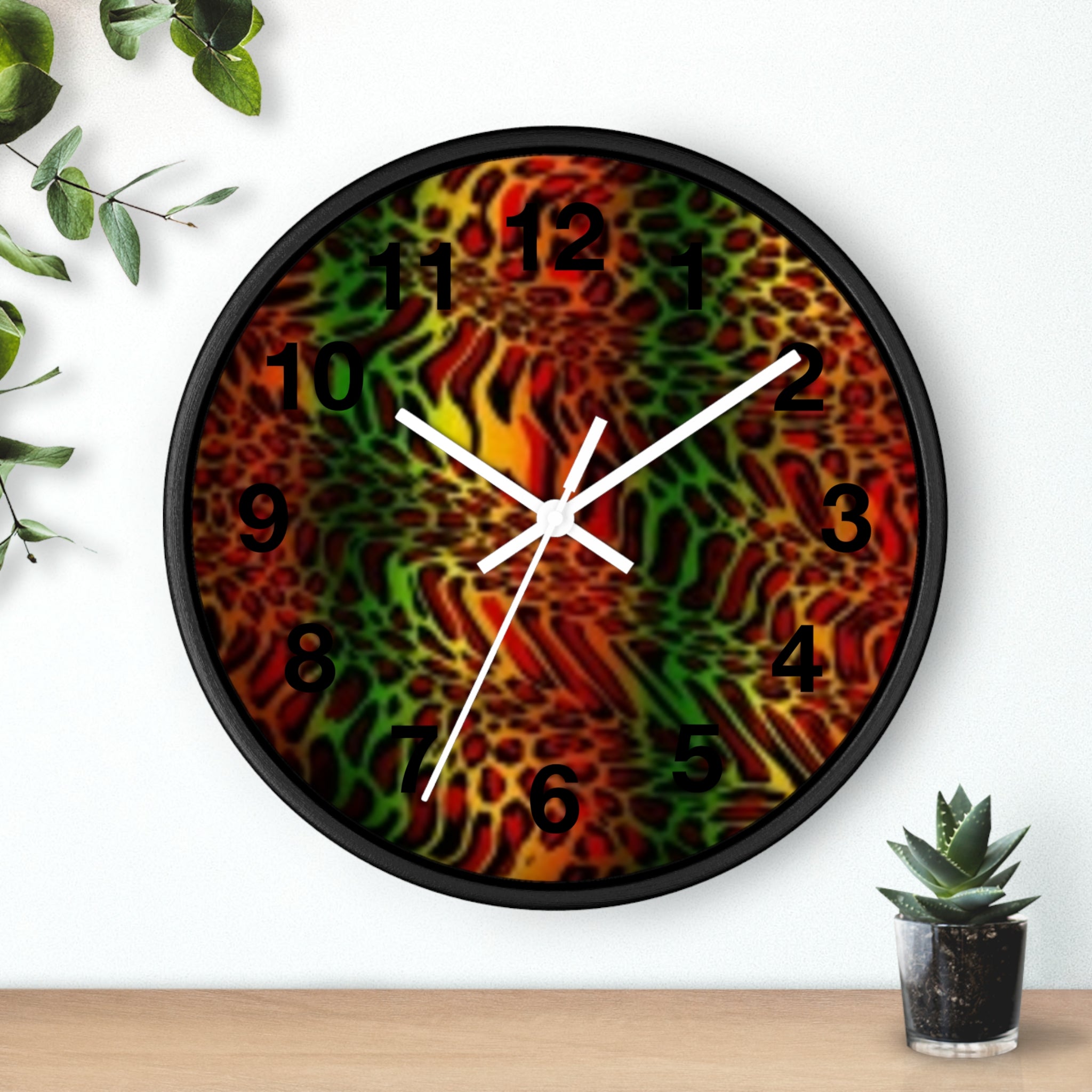 Rasta Safari Wall Clock — Vibrant Red Green Yellow Animal Print Timepiece