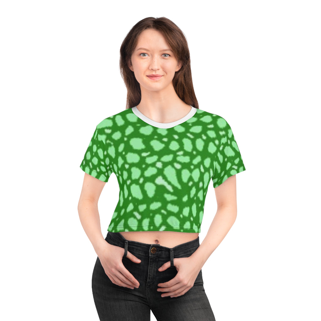 Green Abstract Spot Crop Tee — All-Over Print Vibrant Pattern