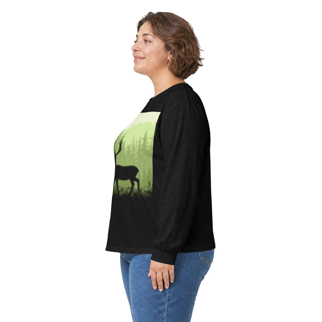 Forest Deer Sunset Long Sleeve Tee — Nature Silhouette Graphic Shirt