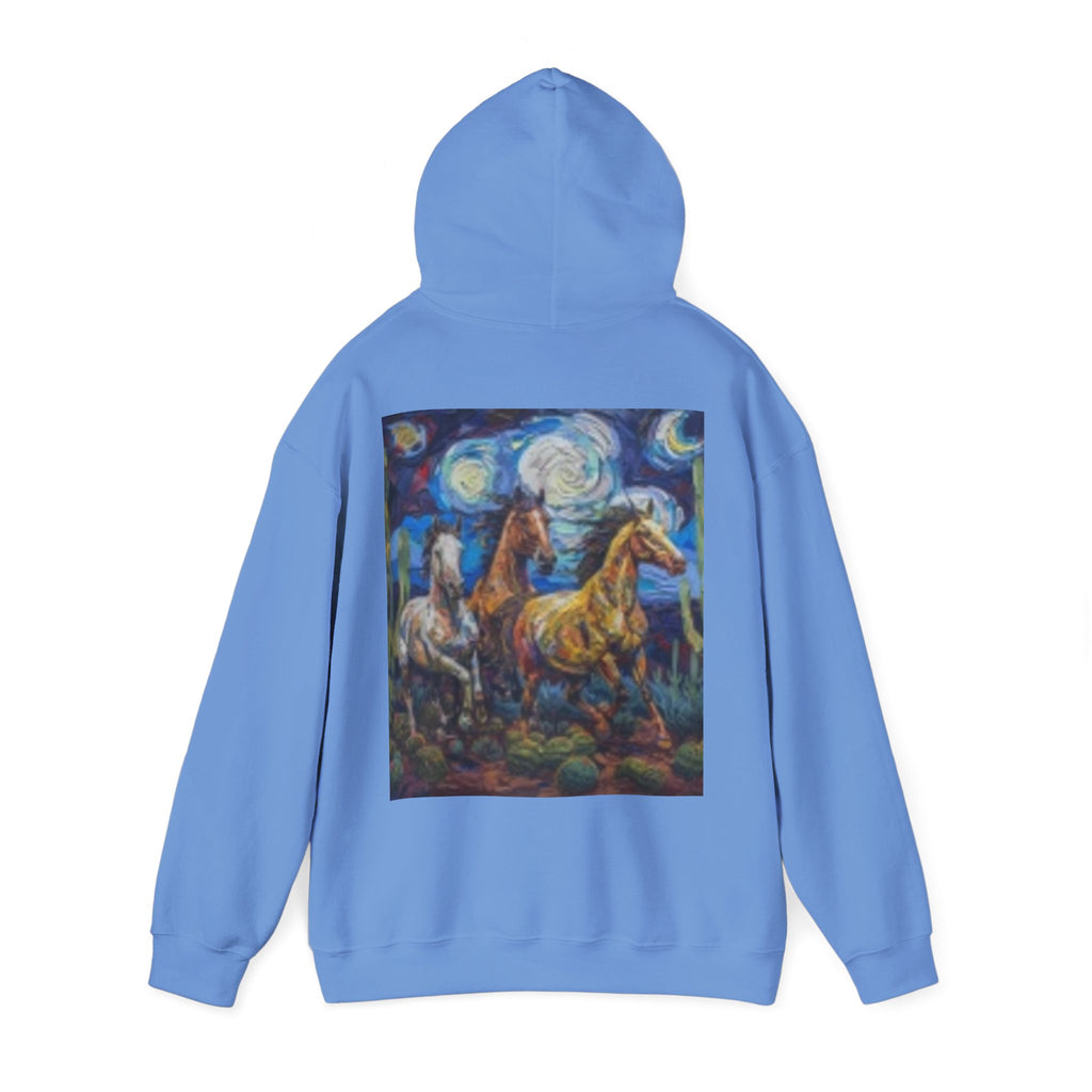 Sunface & Galloping Horses Hoodie — Boho Celestial Horse Art Sweatshirt