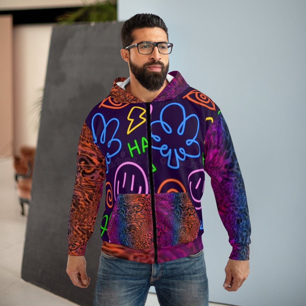 Psychedelic Horse Zip Hoodie — Neon Smile & Rainbow Mane All-Over Print