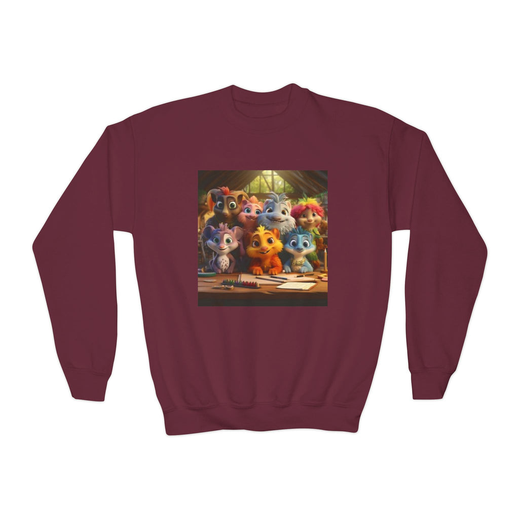 Youth Crewneck Sweatshirt — Colorful Cartoon Kittens Group Graphic