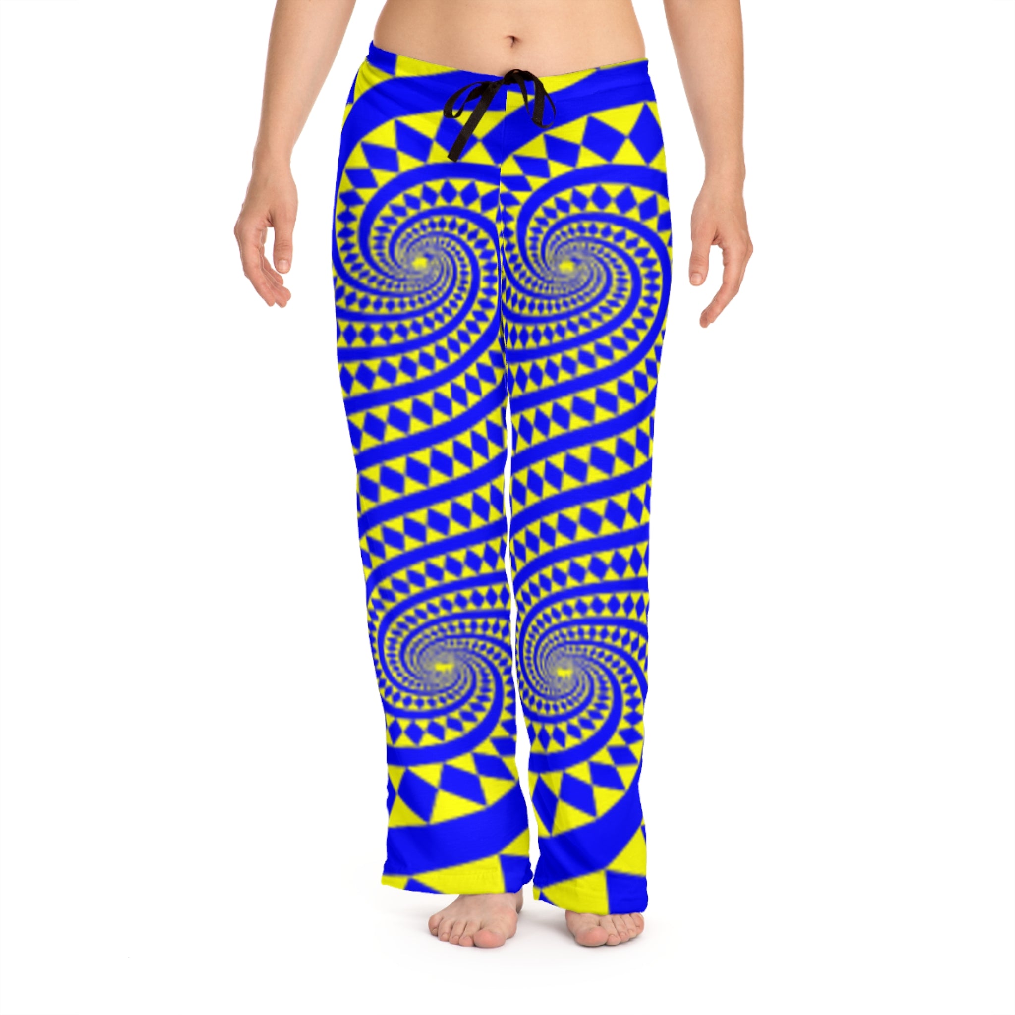 Pajama Pants — Blue & Yellow Spiral Geometric Print Women's Lounge Pants
