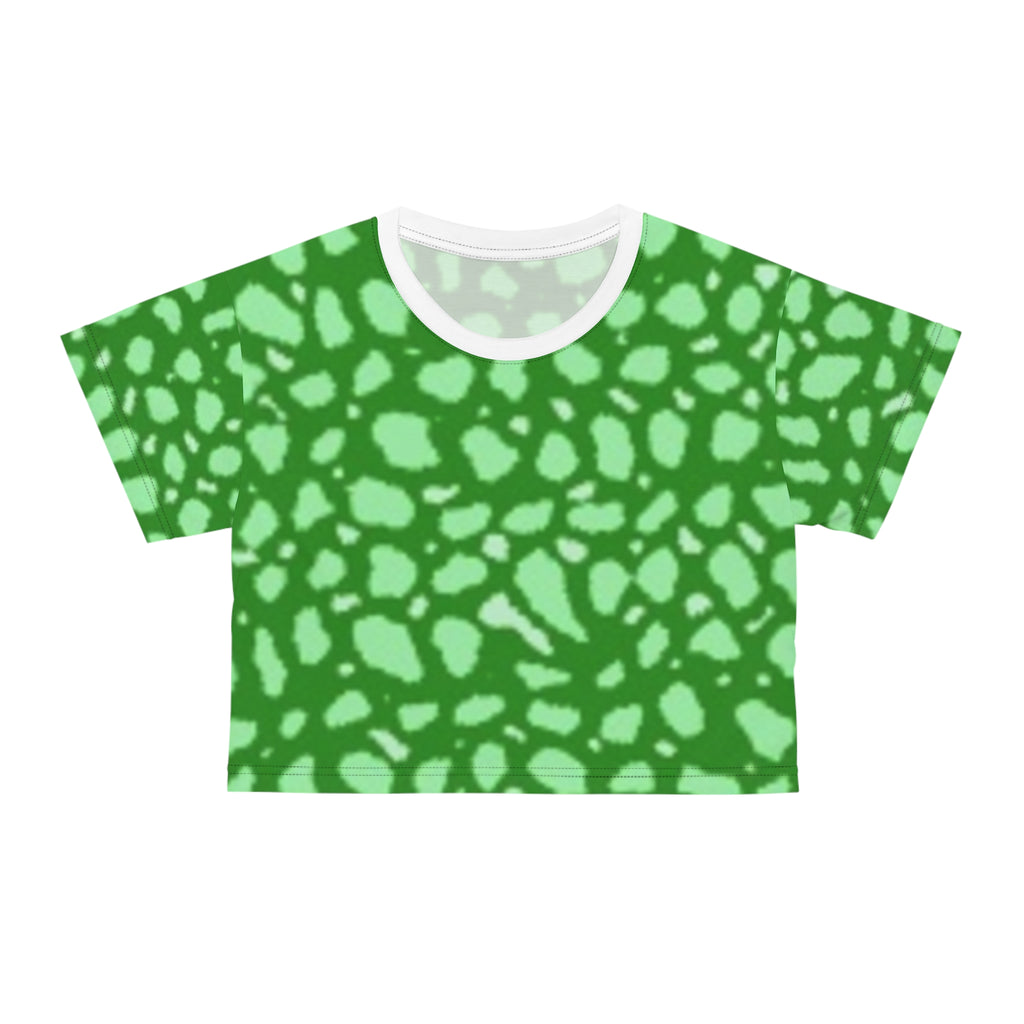 Green Abstract Spot Crop Tee — All-Over Print Vibrant Pattern
