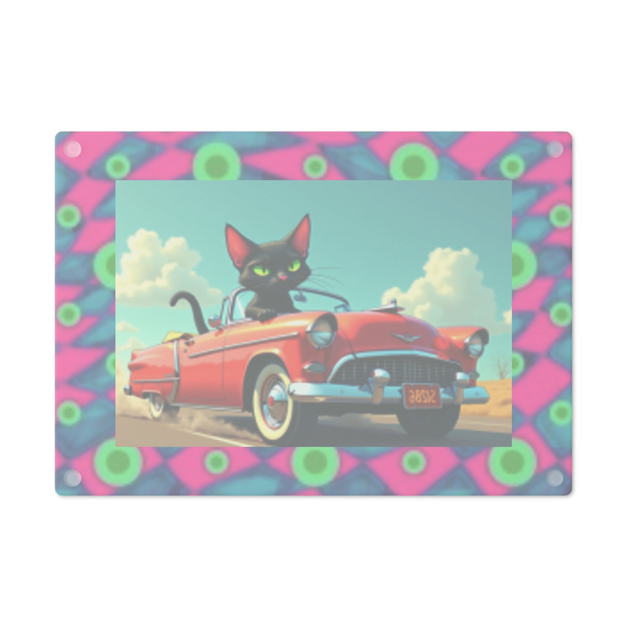 Retro Cat Driving Red Convertible Cutting Board — Funky Neon Border Kitchen Decor