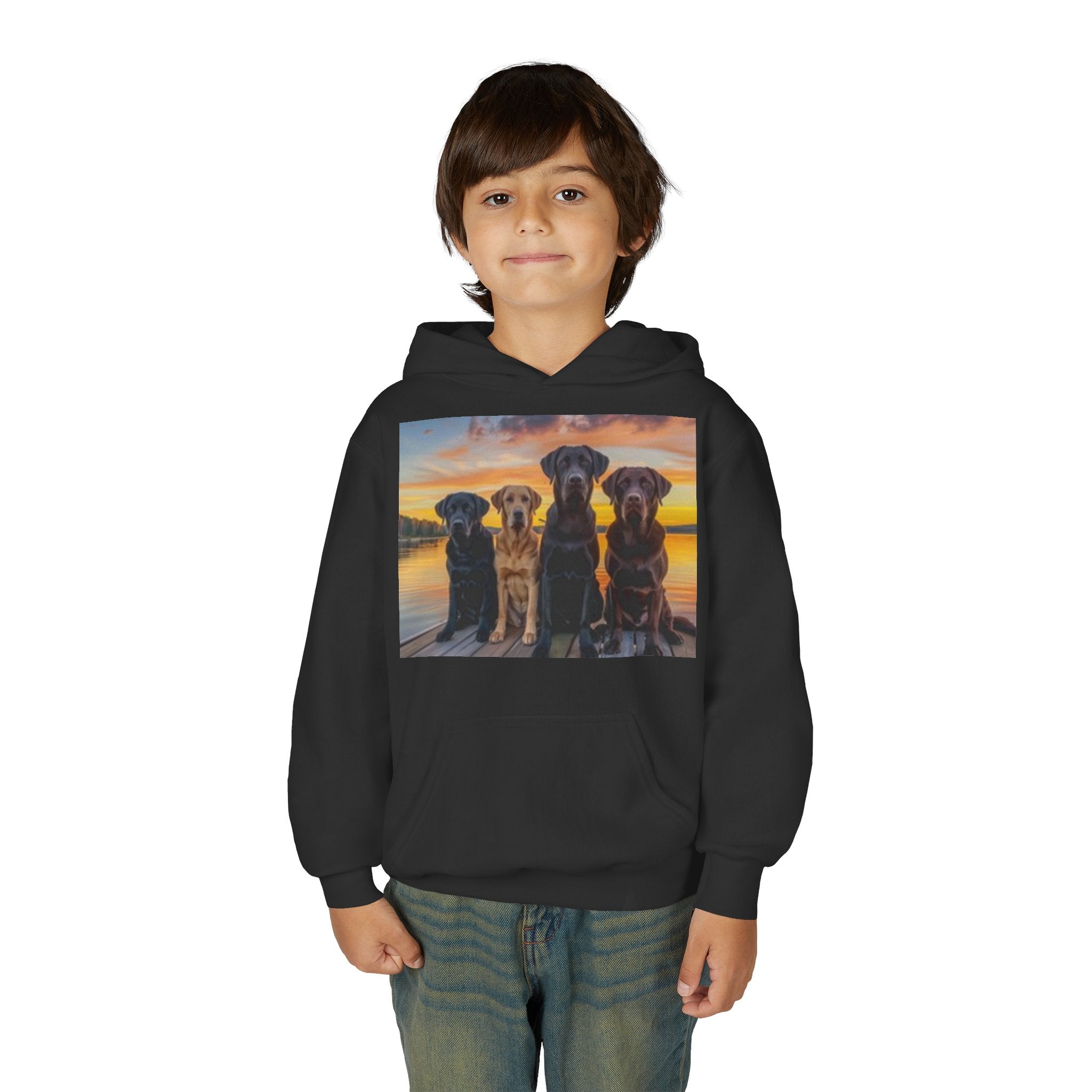 Youth Hoodie — Three Labrador Dogs at Sunset Photo Print