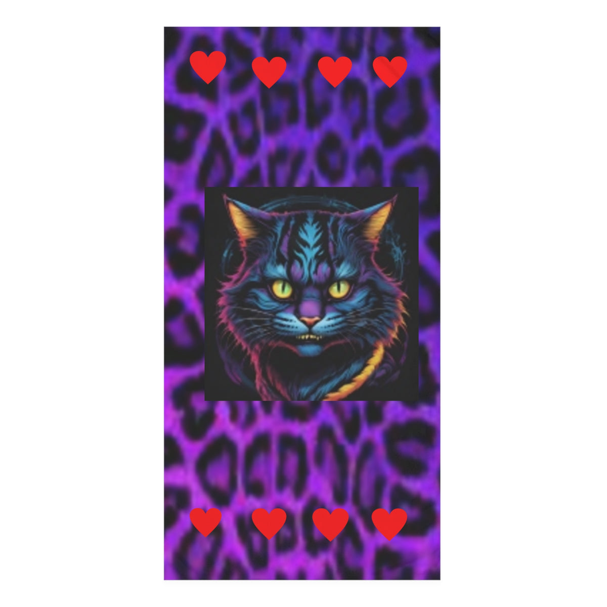 Neon Tiger Cat Beach Towel – Purple Leopard Print with Red Hearts