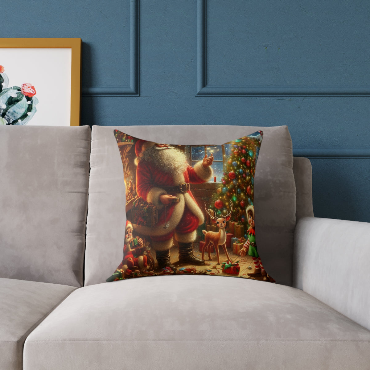 Christmas Santa Scene Square Pillow — Festive Holiday Throw Cushion