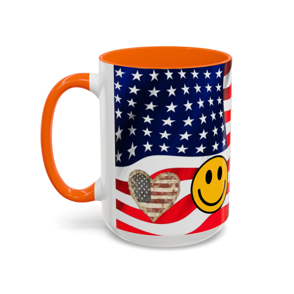Patriotic President TRUMP Coffee Mug — American Flag Peace Sign & Smile