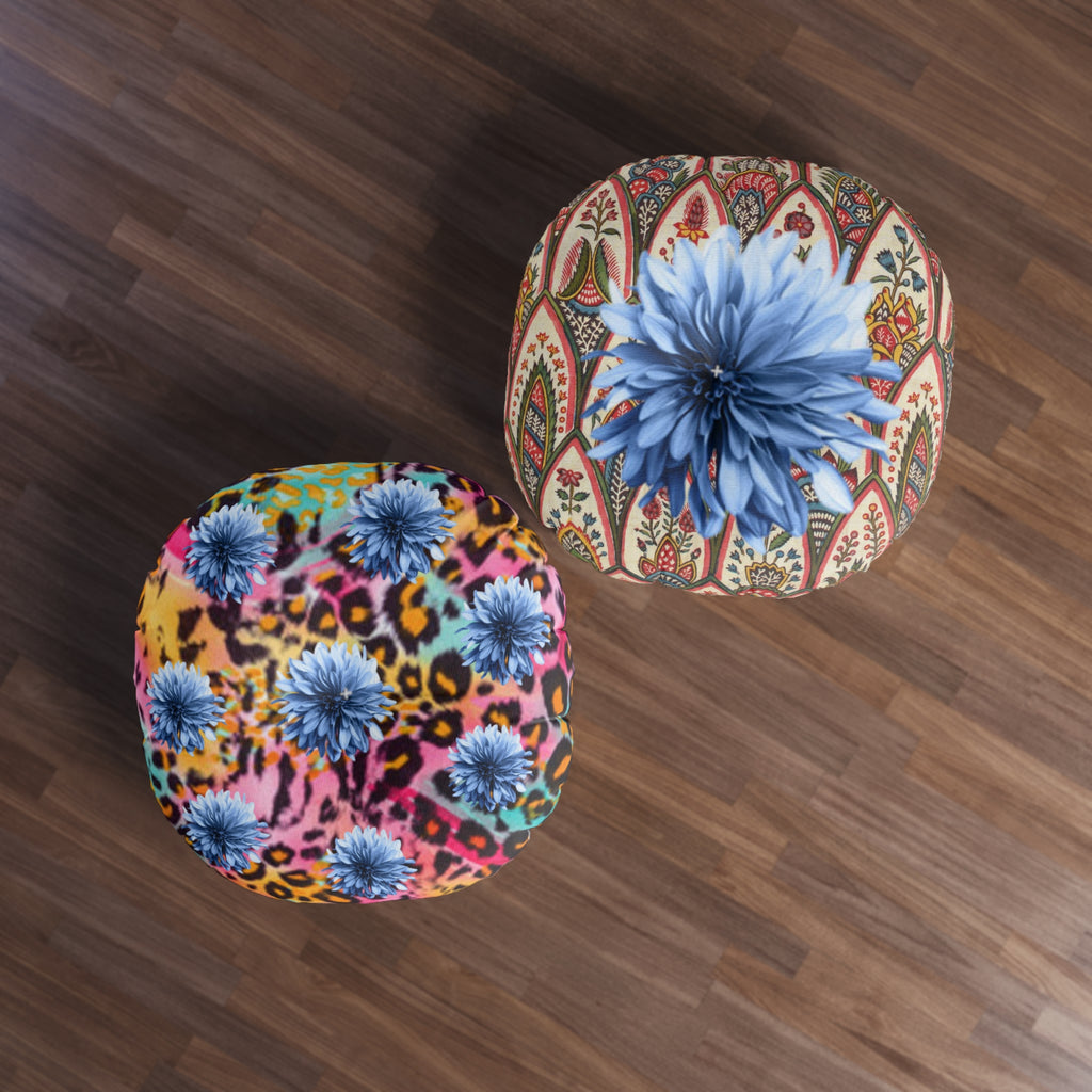 Boho Floral Round Floor Pillow — Vibrant Leopard & Blue Chrysanthemum Tufted Cushion